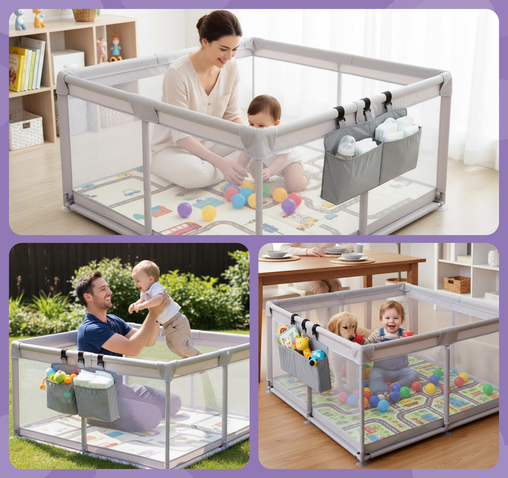 Laufstall Baby 120x120 cm mit Spielmatte und 2 Aufbewahrungstaschen,Laufgitter Baby mit Matratze,Baby Playpen aus 600D Oxford,Atmungsaktives Laufgitter,Sicherer Spielbereich für Babys und Kleinkinder