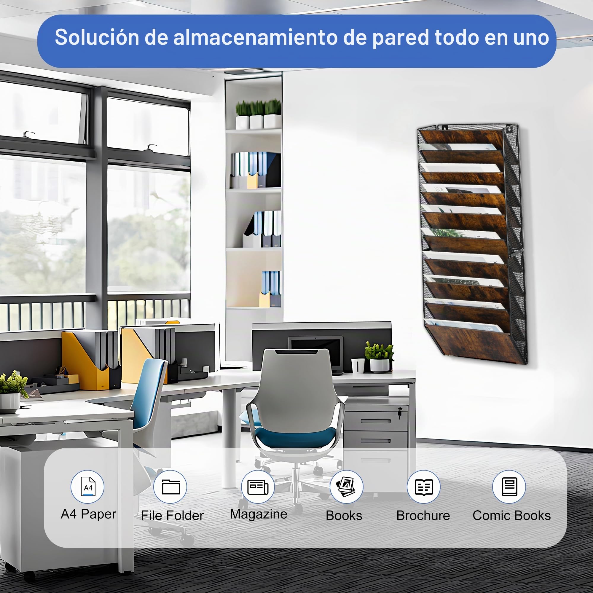 Revistero Pared 10 Niveles Metálico - Organizador Pared A4, Archivador Oficina Porta Documentos y Revistas, Carpeta Colgante para Archivos, Hogar Escuela (Negro/Antiguo)
