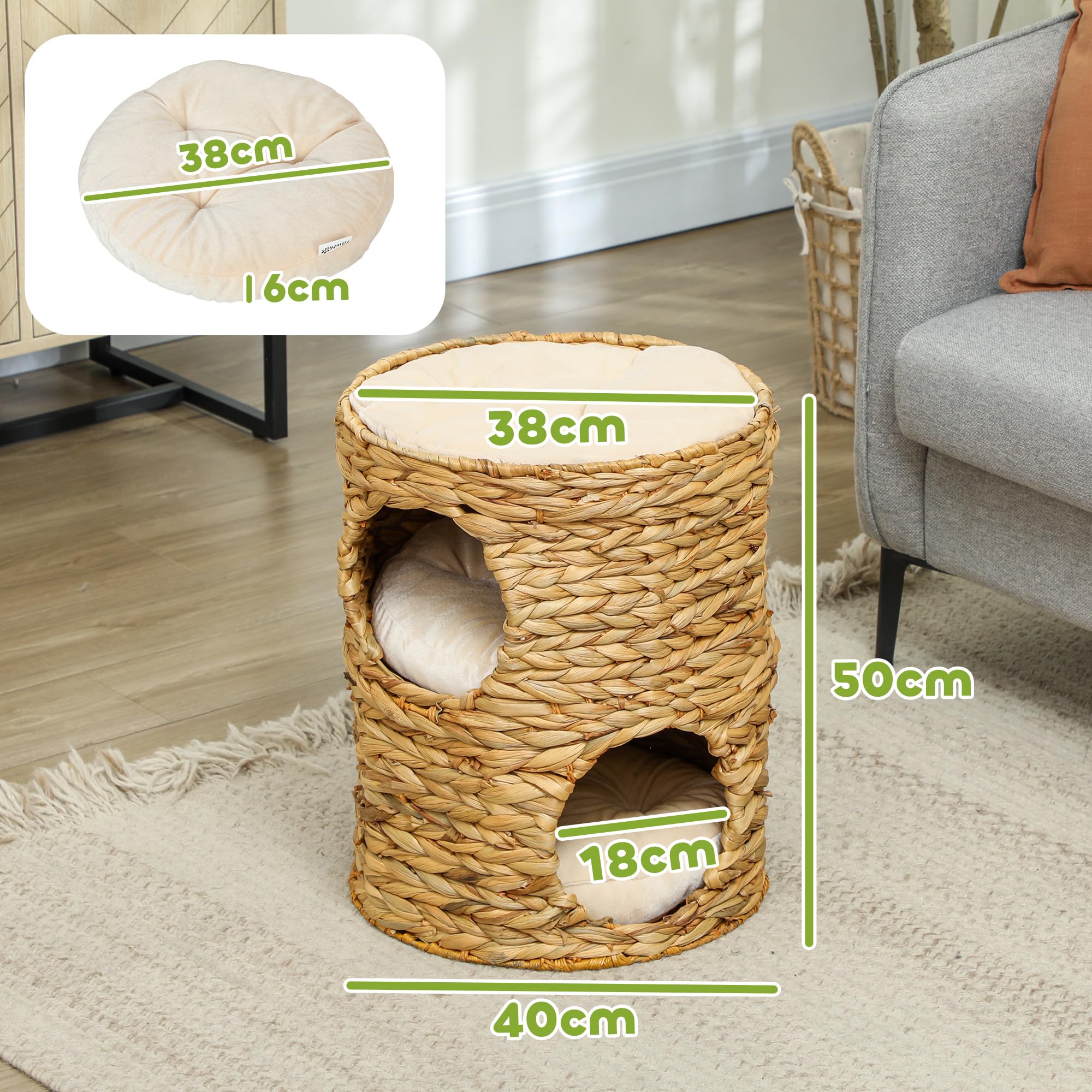 PawHut Barril rascador alto 50 cm, 2 cuevas, rascador cojín, torre agua, para gatos hasta 3,5 kg, marrón claro