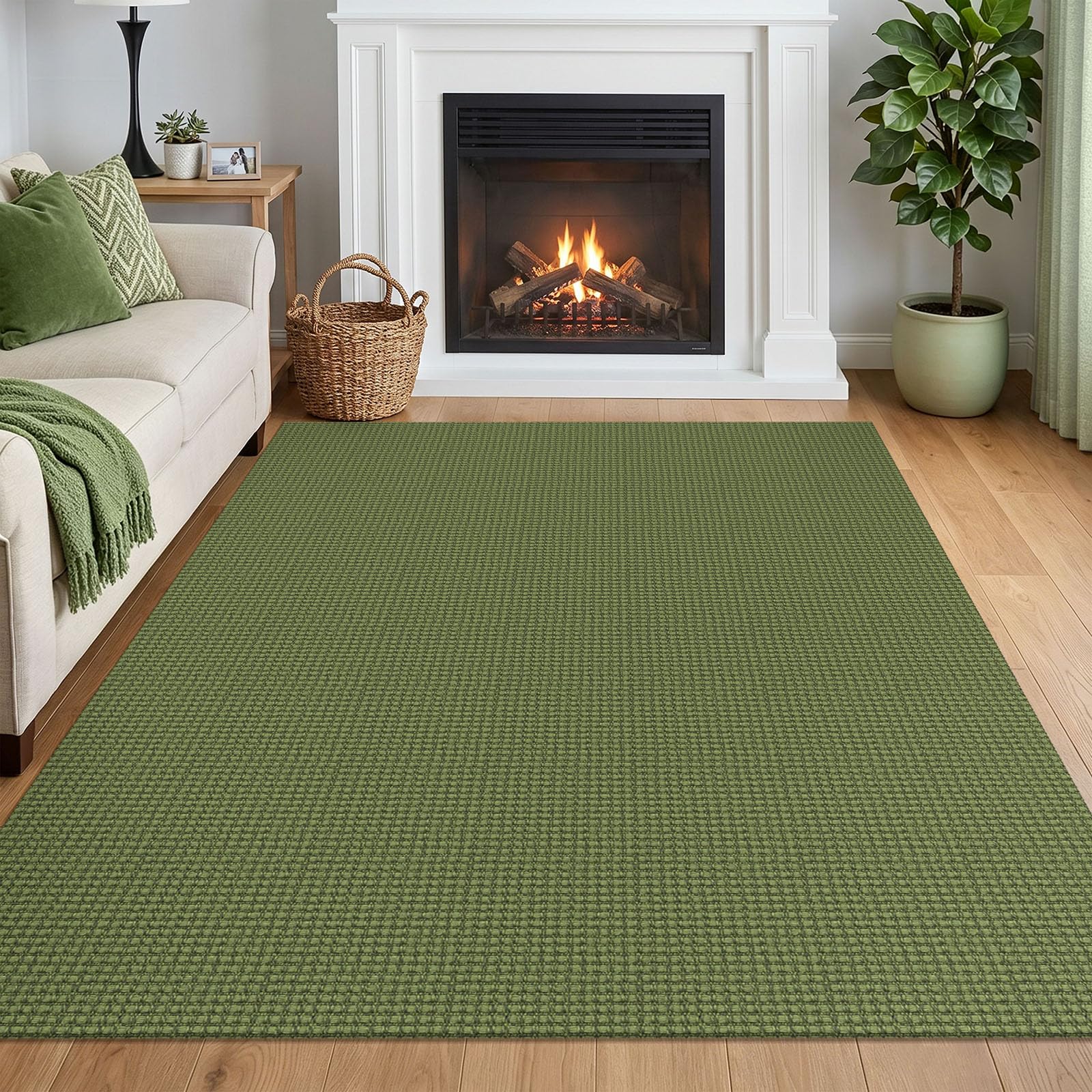 IOHOUZE Washable Area Rug 5x7 Non Slip Rubber Backed Rugs for Living Room, Dining Room Rugs Bedroom Rug, Woven Indoor Floor Carpet for Living Room Nursery Office, Olive Green/Earthy Green