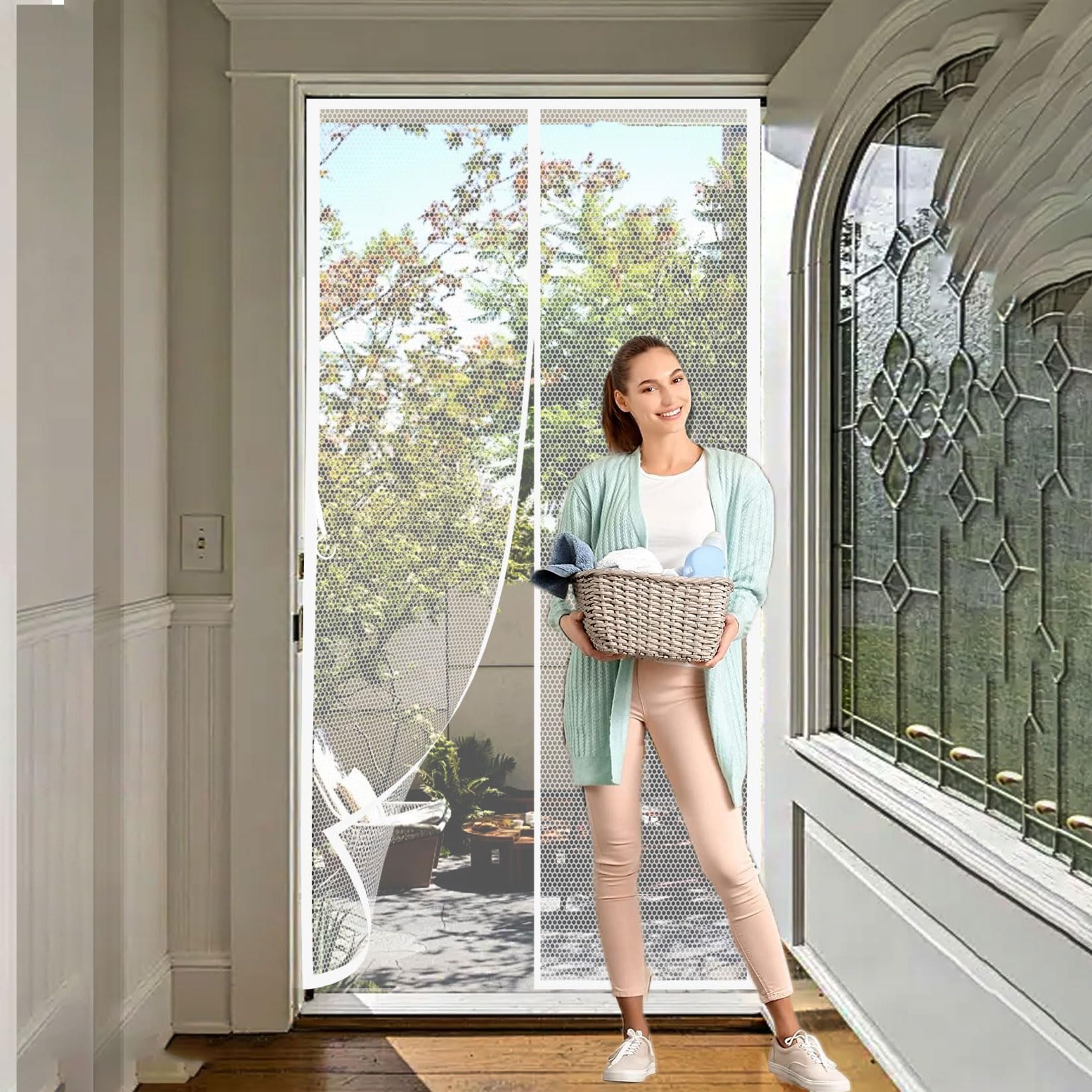 Magnetic Screen Door 86 x 243 cm with Magnets, Magic Tapes, Polyester Fly Screen Curtain Without Drilling, Heavy Duty for Keeping Out Flies, White