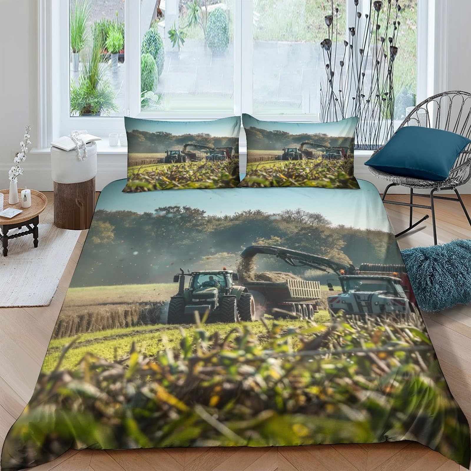 TUFRTGYHN 3D Printed Farm Tractor Duvet Cover Microfiber Soft Breathable Harvest Field Bedding Set with 2 Pillowcases for Bedroom Decor, Single（135x200cm）