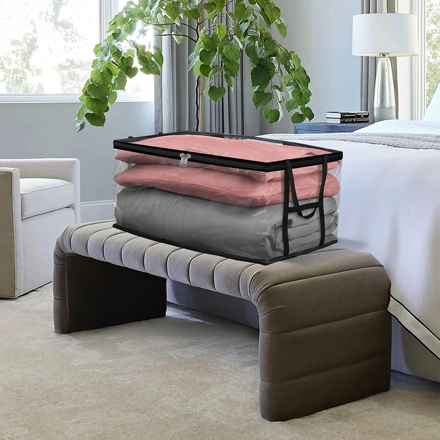 Covers & all Clear Storage Bag, 90 litres Large size, Heavy Duty 20 mil Clear PVC fabric, Multi-purpose Organizer with zipper and handles (23”L x 17"W x 14"H, Pack of 10)