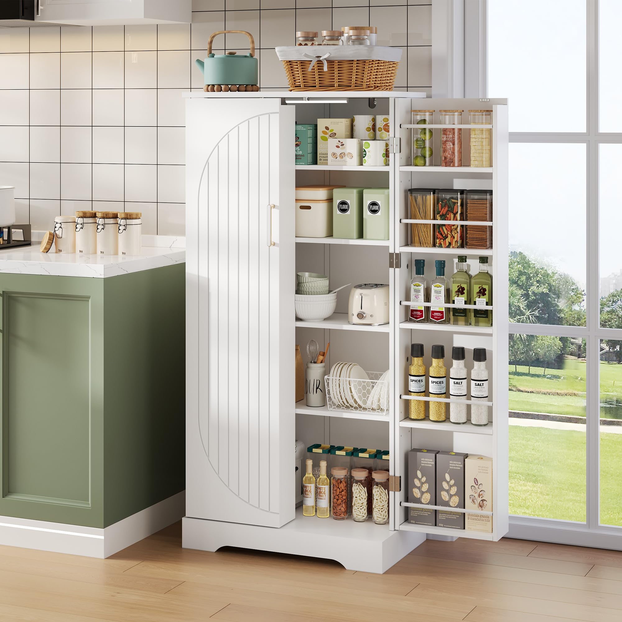 Merax Küchenschrank mit LED, Vorratsschrank mit 2-Türiger, Buffetschrank Hoch mit Höhenverstellbaren Einlegeböden, Küchenbuffet für Wohnzimmer, Küche, Esszimmer, 60×35×128cm (Weiß)