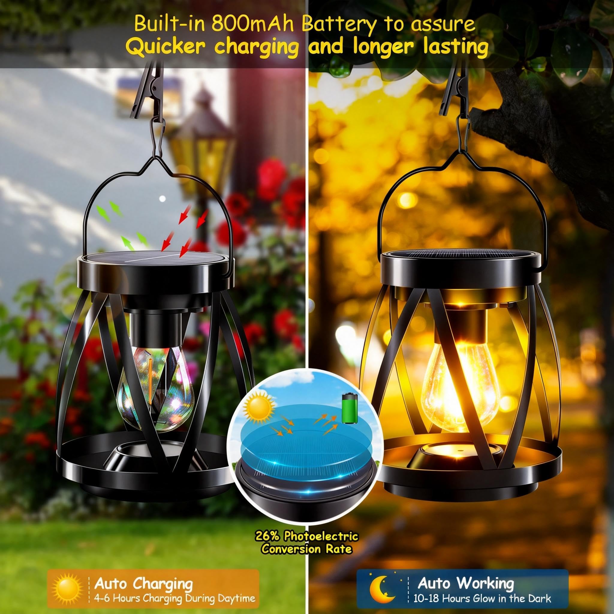 Solarne, zewnętrzne, wodoodporne, migoczące płomienie, wiszące latarnie, lampiony, dekoracyjne lampki świąteczne zasilane energią słoneczną, na patio, taras, podwórko, 2 sztuki (żarówka z filamentu