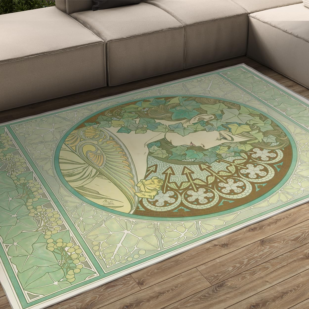 Tapis 120x180cm Vintage Vert Sauge pour Chambre Bohème carpette botanique Lavable à la Machine Descente de lit Grand Style Alphonse Mucha Motif Portrait Dame Victorienne avec antidérapant