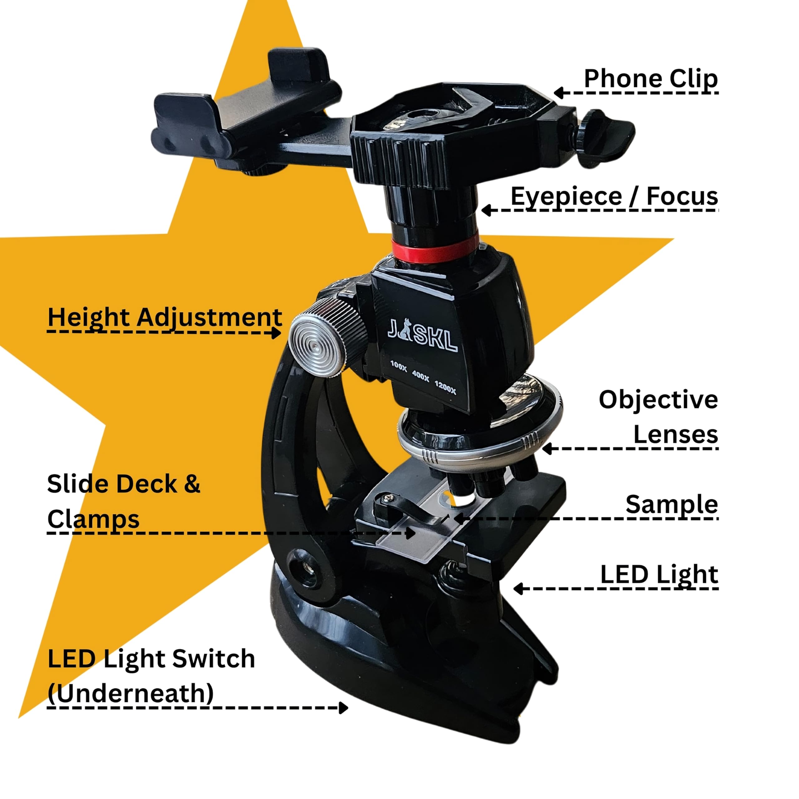 Kids Microscope Kit 1200X, 400X, 100X - STEM Educational Science Toy for Kids Ages 6-12 - Beginner Microscope Set with Slides and Phone Clip for Photos - Science Gift for Boys & Girls