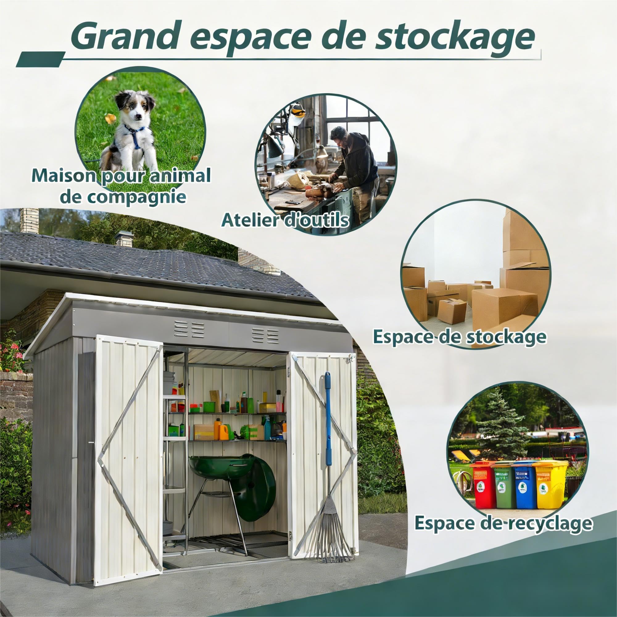 Abri de jardin gris 229 x 111 x 182 cm, en métal, compact, avec fondation, résistant aux intempéries avec serrure, pour terrasse, balcon, jardin