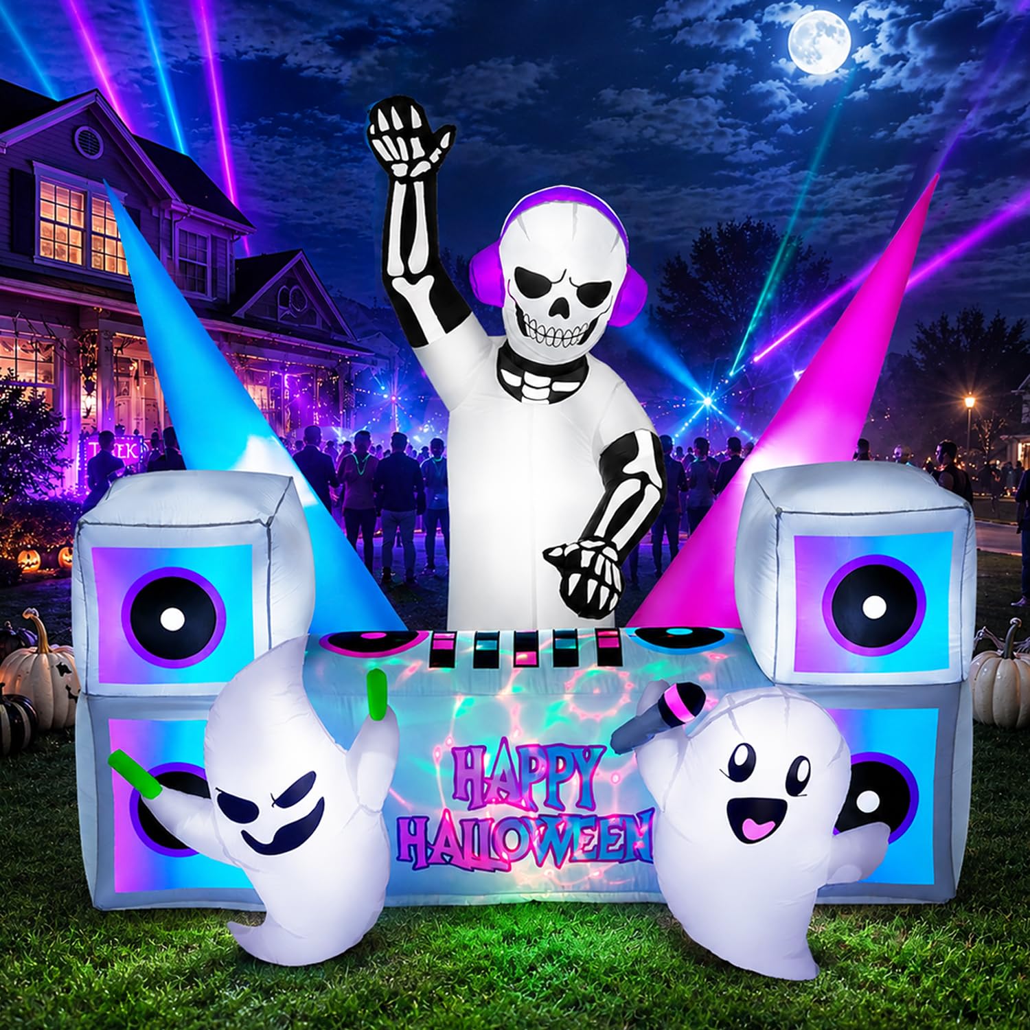 fotako 7FT Halloween Inflatables Decoration Outdoor Skeleton DJ Ghosts with Bright Multi-Color & Disco Flashing LEDs, Halloween Blow Up Yard Decoration Blowups Booth Neon for Party Lawn Festival