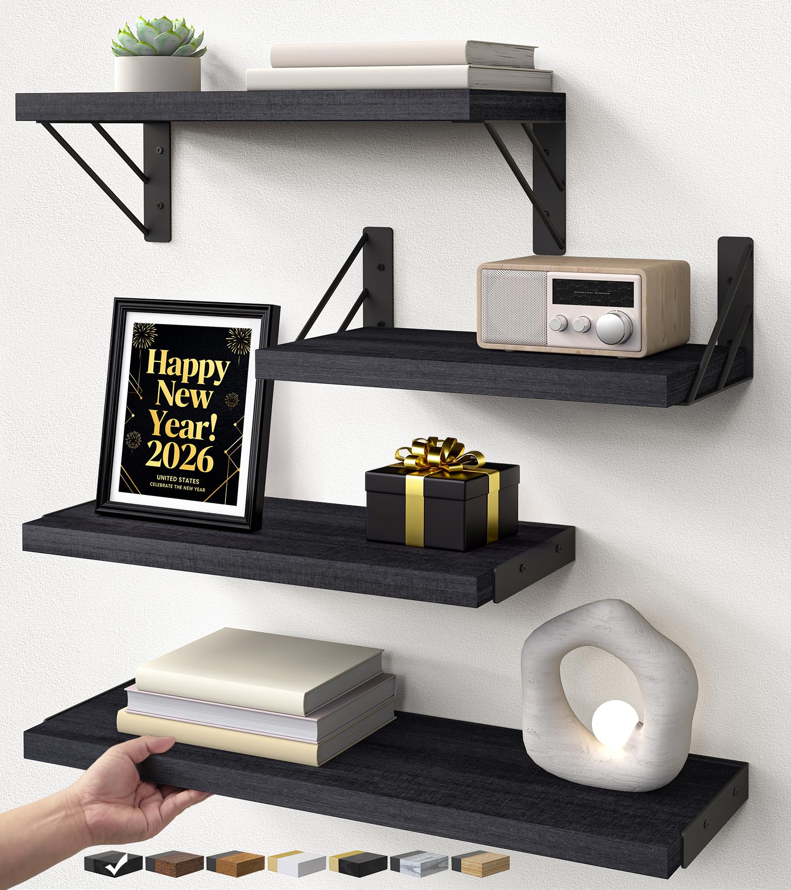 BAYKA Wall Mounted Floating Shelves, Wood Floating Wall Shelf for Books & Decor, Small Space-Saving Display & Organizer（Black，Set of 4）