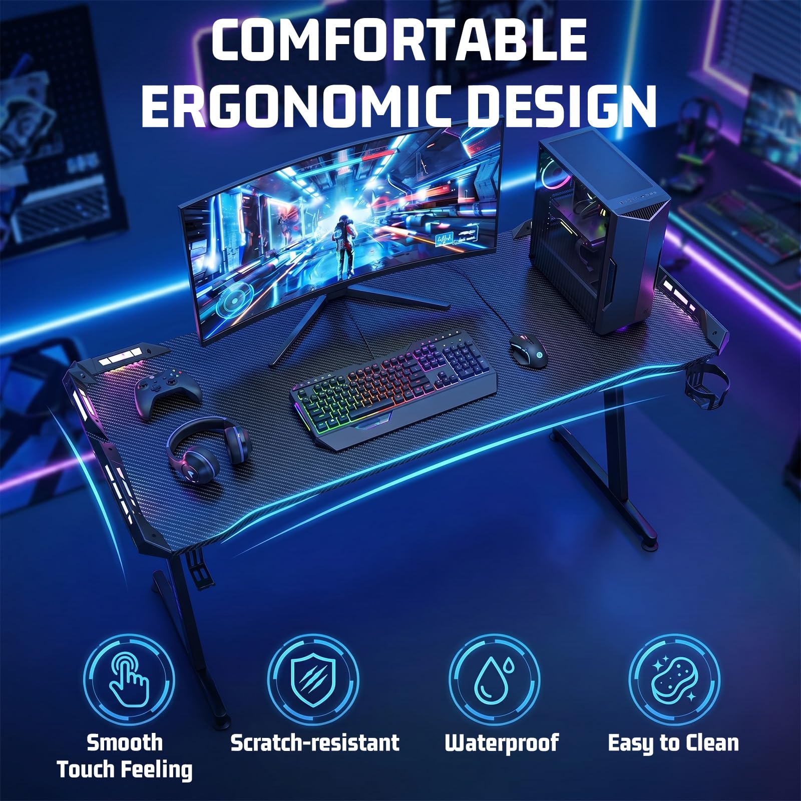 120 x 60 cm Gaming Tisch mit LED Desk mit Kopfhörerhaken und Getränkehalter | PC Tisch Gaming mit Kohlefaseroberfläche, Z-Form Gamer Schreibtisch Stabiler Computertisch für Gaming Home Office, Schwarz