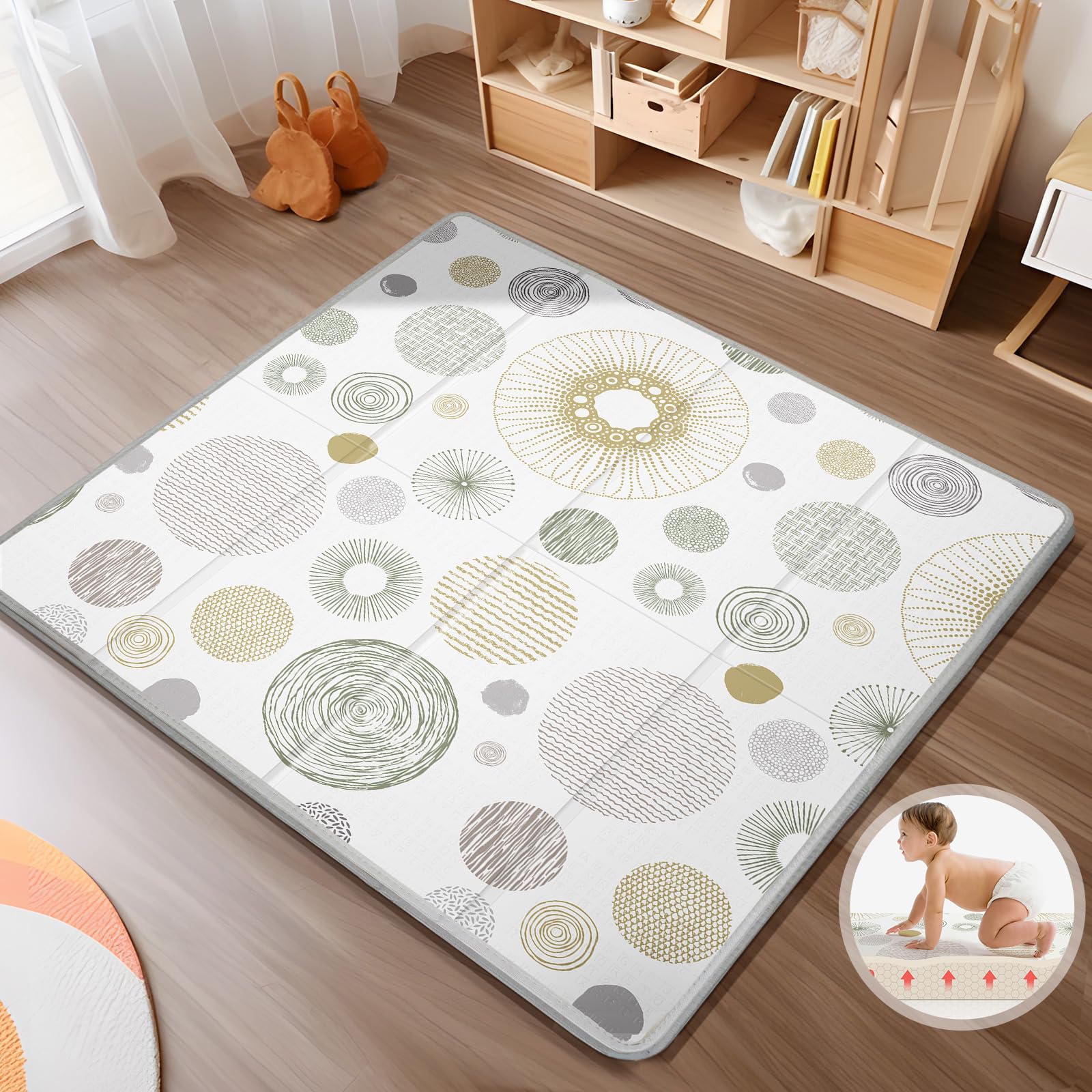 foldable baby play mat, piglog waterproof playmats for babies and toddlers kids, safe foam playmat for tummy time, 50x50 playpen mat, reversible portable baby floor mat for infant, toddler(circle)