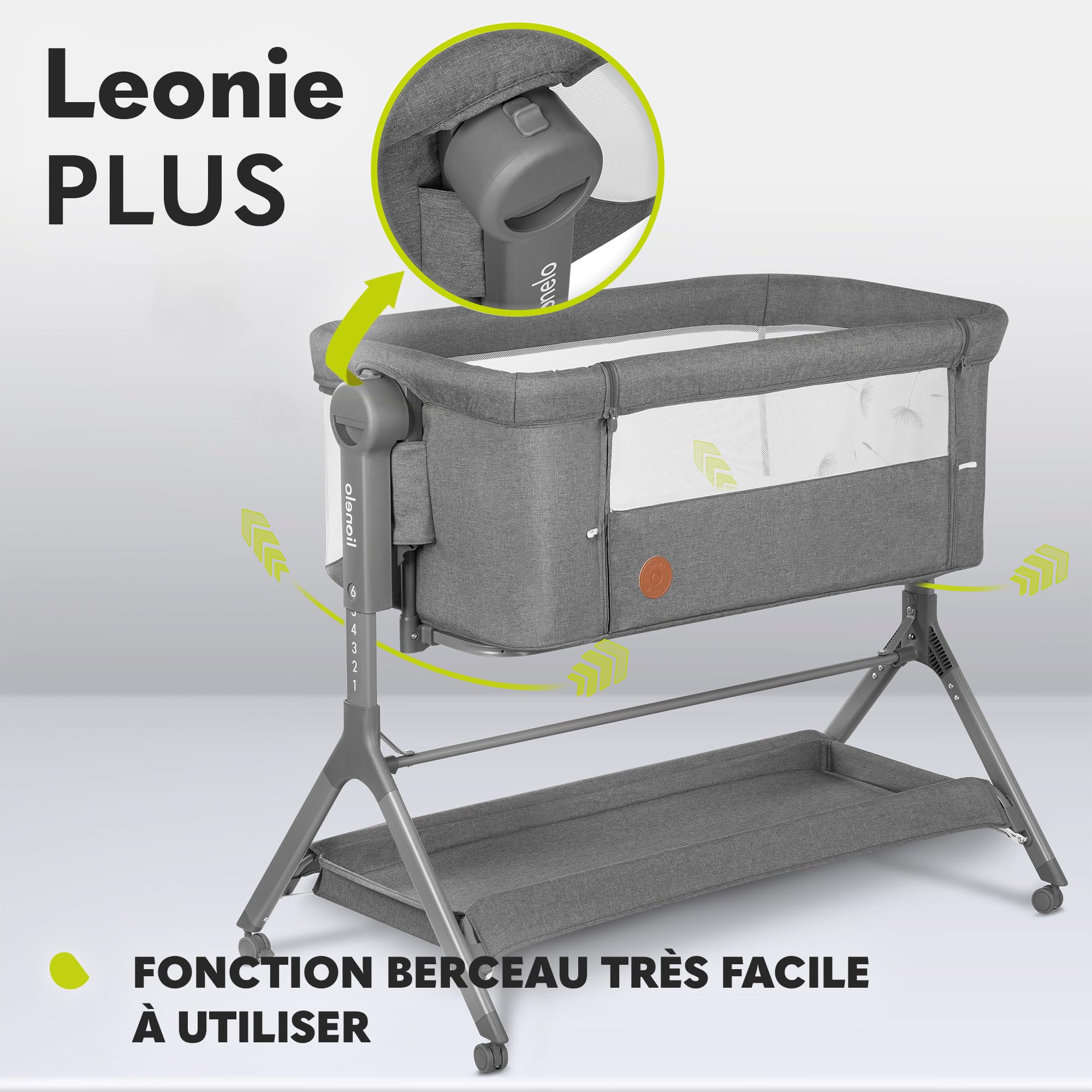 lionelo Leonie Plus Lit Bébé 3 en 1 Jusqu’à 9kg, Cododo et Berceau, Hauteur Réglable, Parois Aérées, Côté Amovible, Grand Panier