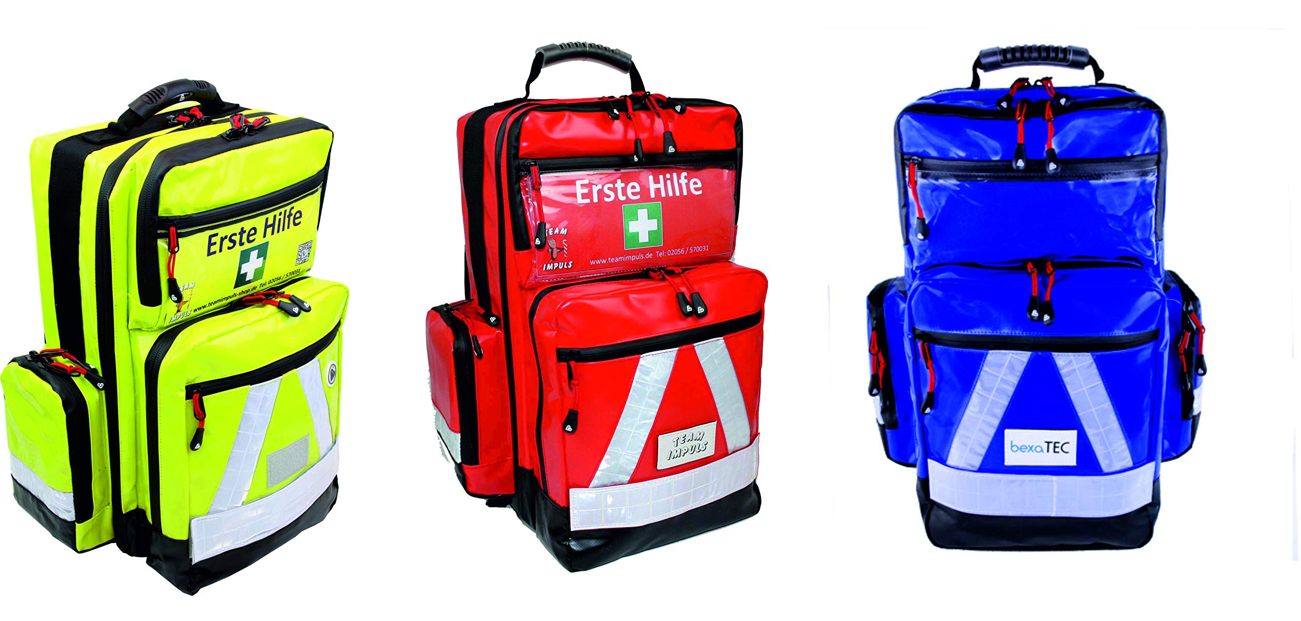3 Stk Notfallrucksack Medicus/PRO -M- LEER - rot, blau & gelb aus Plane mit Waterstop Reißverschlüssen