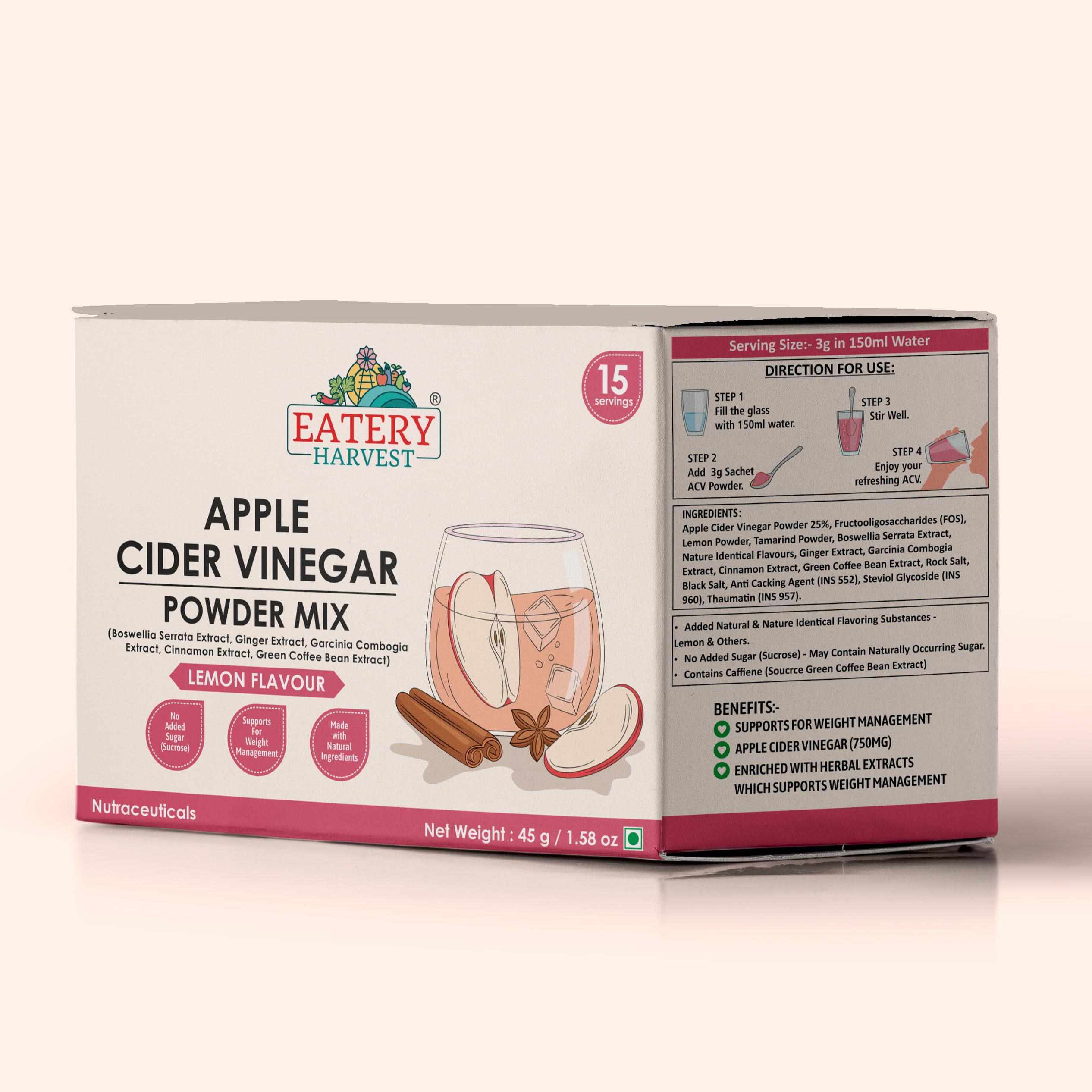 Apple Cider Vinegar Powder Instant Mix 45 g(3 g*15 sachets), Sugar Free, Lemon Flavoured, Diabetic friendly
