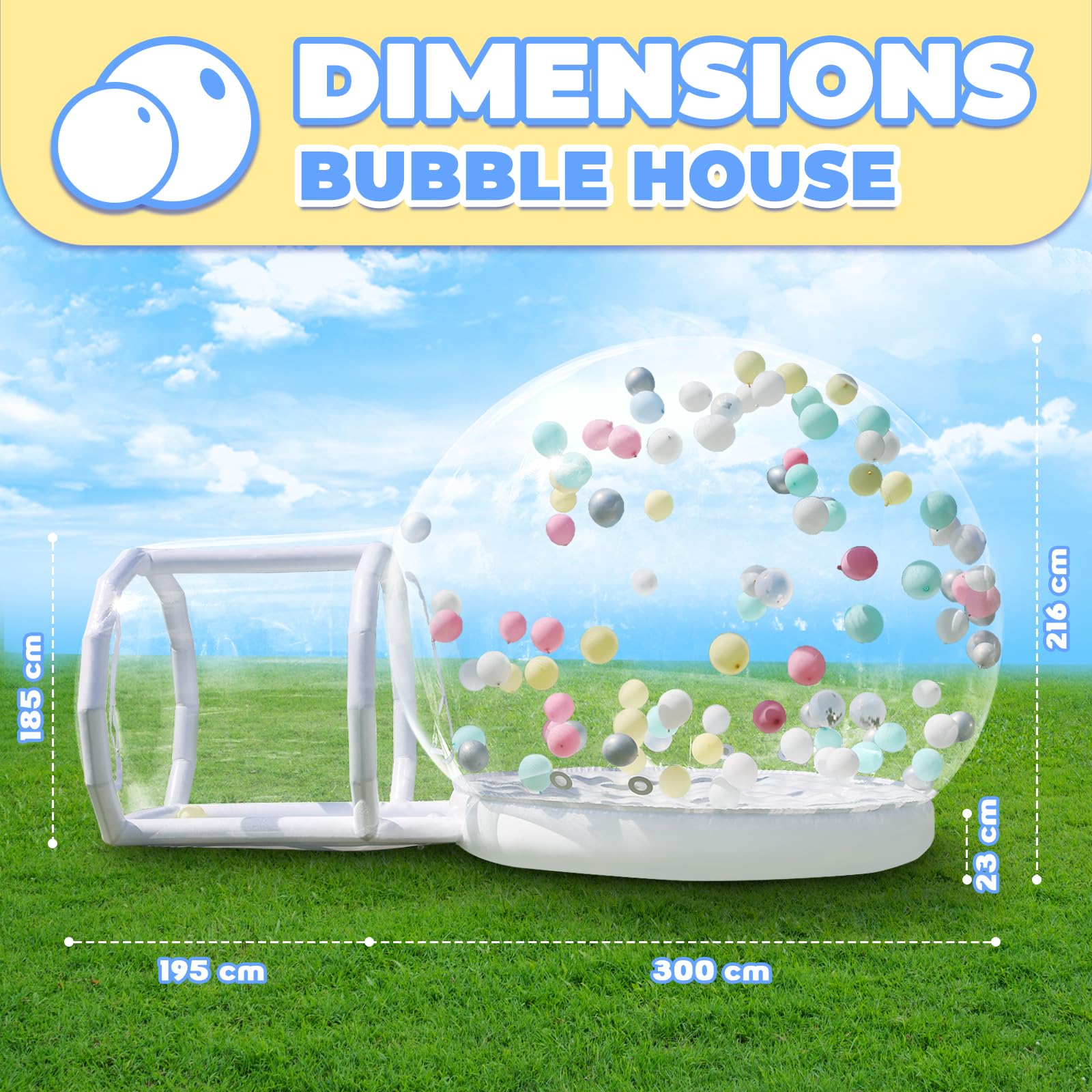Casa gonfiabile con trampolino, Bubble House Dome gonfiabile con ventilatore e pompa, tenda da giardino impermeabile in PVC di qualità commerciale per matrimoni, campeggio, feste (300 cm)