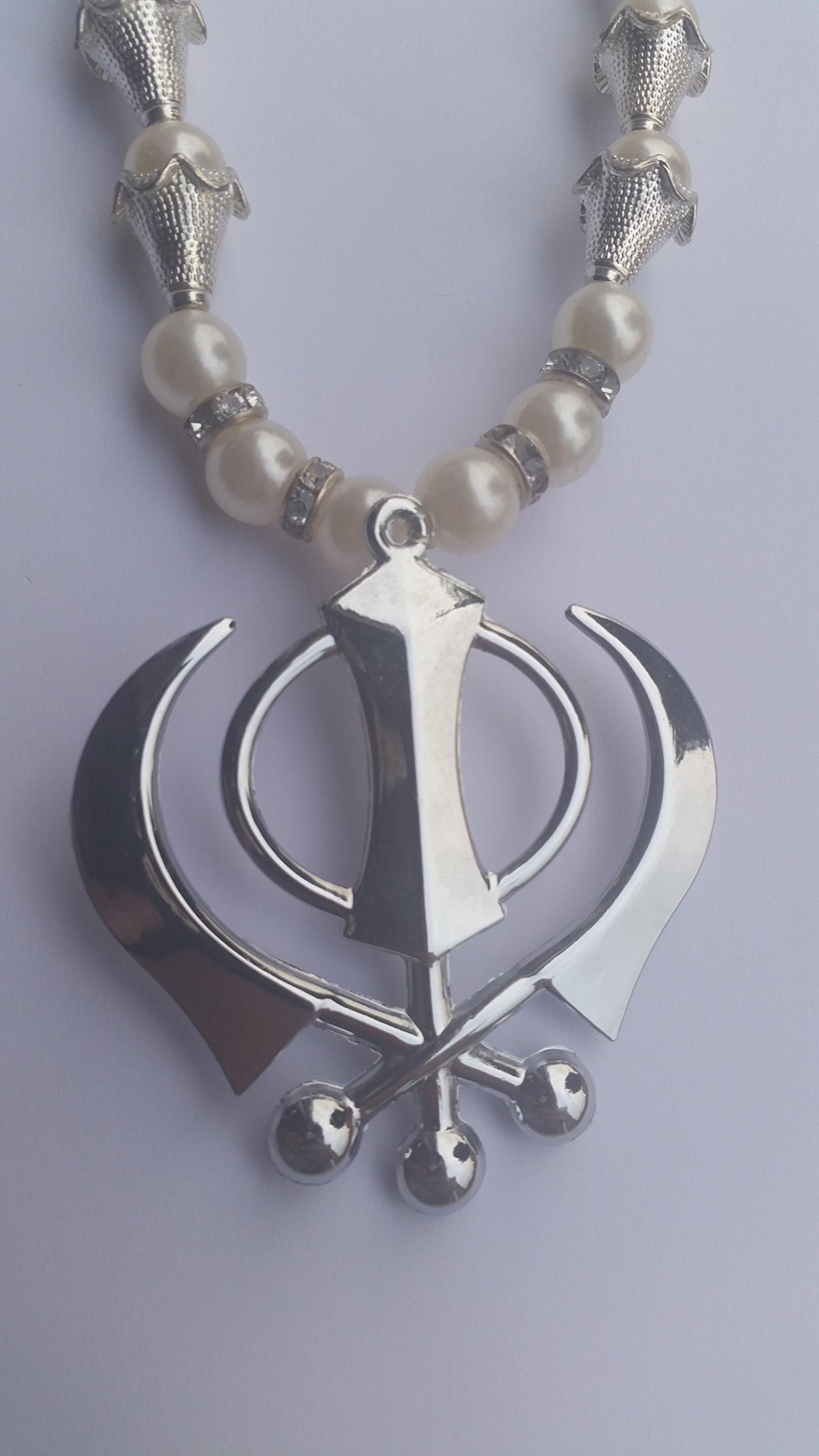 Onlinesikhstore ltd Stainless steel Sikh khanda Pendant for Car rear Mirror hanging in strecharge pearls mala