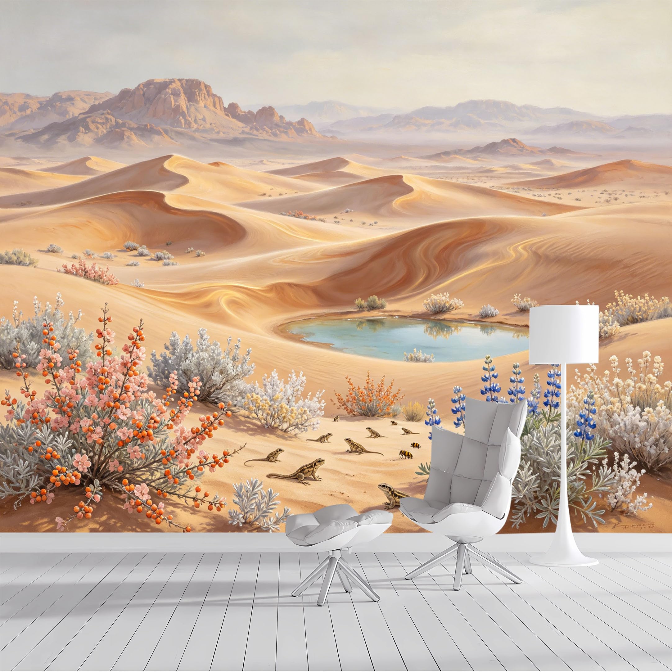Custom Size Wall Mural Desert Landscape Oasis Wildlife Oil Painting SelfAdhesive Wall Fabric Removable Peel and Stick Wallpaper Wall Decor for Living Room Bedroom Bathroom