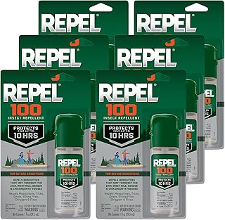 Repel 100 Insect Repellent, 1 Ounce, With DEET, 10-Hour Protection Long-Lasting Insect Repellent Travel Pump Spray Repels Mosquitoes, Ticks, Gnats, Biting Flies, Chiggers And Fleas, 6 Pack