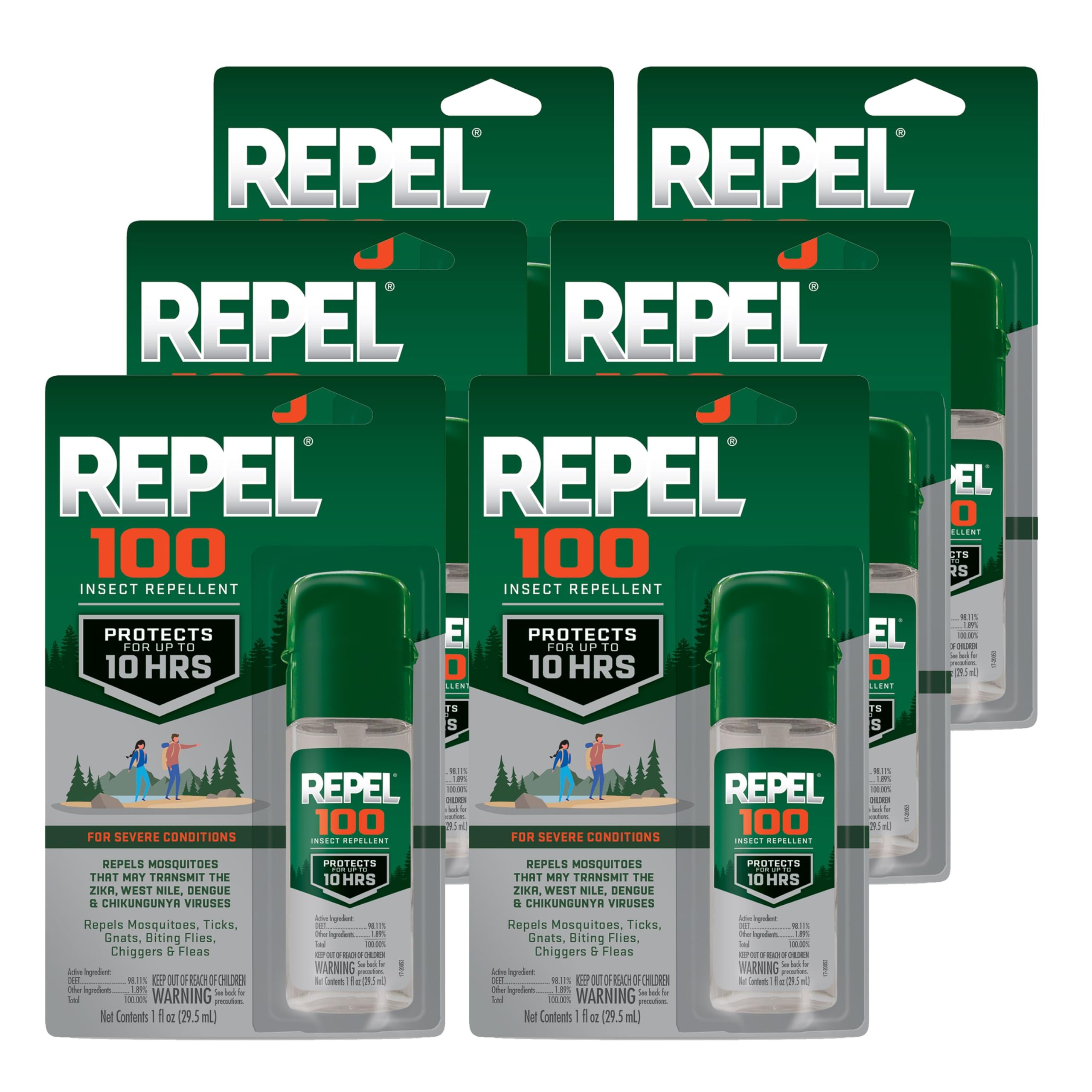 RepelRepel 100 Insect Repellent, 1 Ounce, With DEET, 10-Hour Protection Long-Lasting Insect Repellent Travel Pump Spray Repels Mosquitoes, Ticks, Gnats, Biting Flies, Chiggers And Fleas, 6 Pack