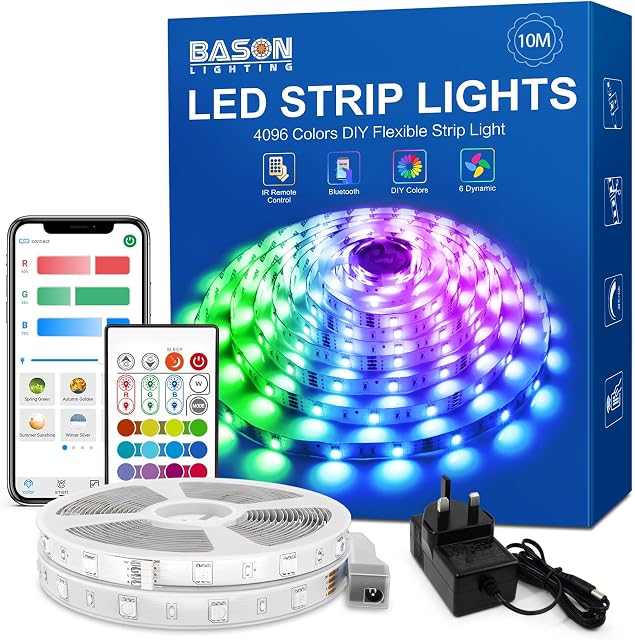 Bluetooth Strip Light 10m, Bason LED Strip Lighting RGB LED Colour Changing Strip Light with Remote, DIY 4096 App Control Music Sync Smart LED Light for Bedroom Cinema Christmas Decorations