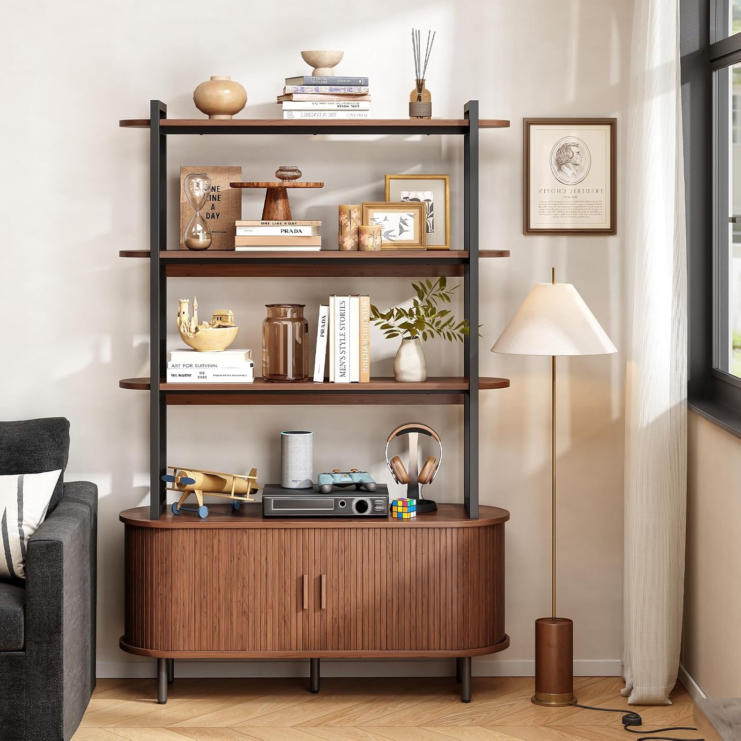 ONBRILL 71" Tall Bookshelf, 4-Tier Book Shelf with Storage Cabinet, Modern Bookcase with Sliding Door and Adjustable Footpad, Freestanding Storage Organizer Bookshelf for Living Room, Bedroom, Walnut