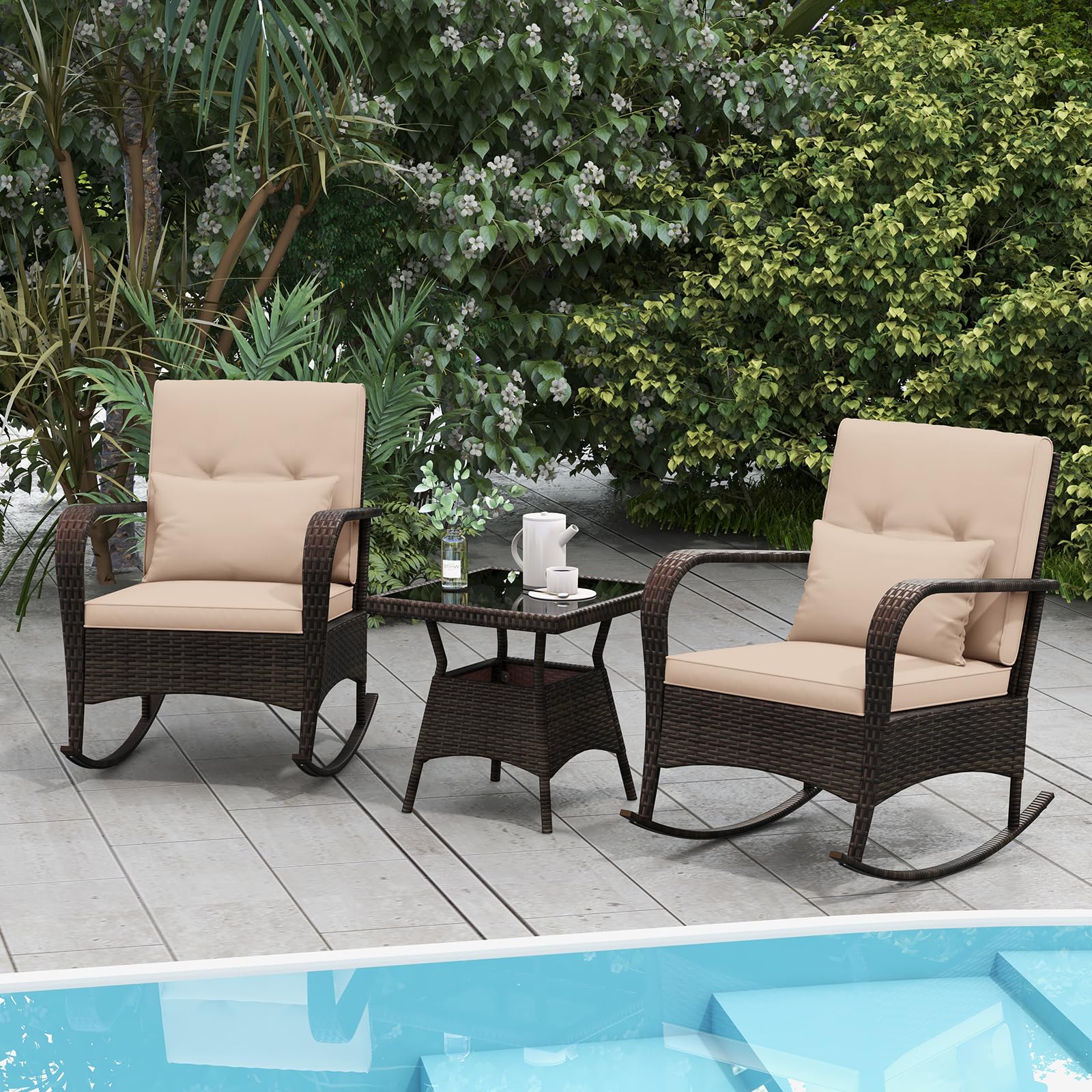 SOARS Salotto da Giardino Esterno 3 Pezzi, Set Giardino Esterno in Rattan con 2 Sedie a Dondolo e Tavolino in Vetro Temperato, Set Mobili a Dondolo da Esterno con Cucini per Cortile, Piscina, Balcone