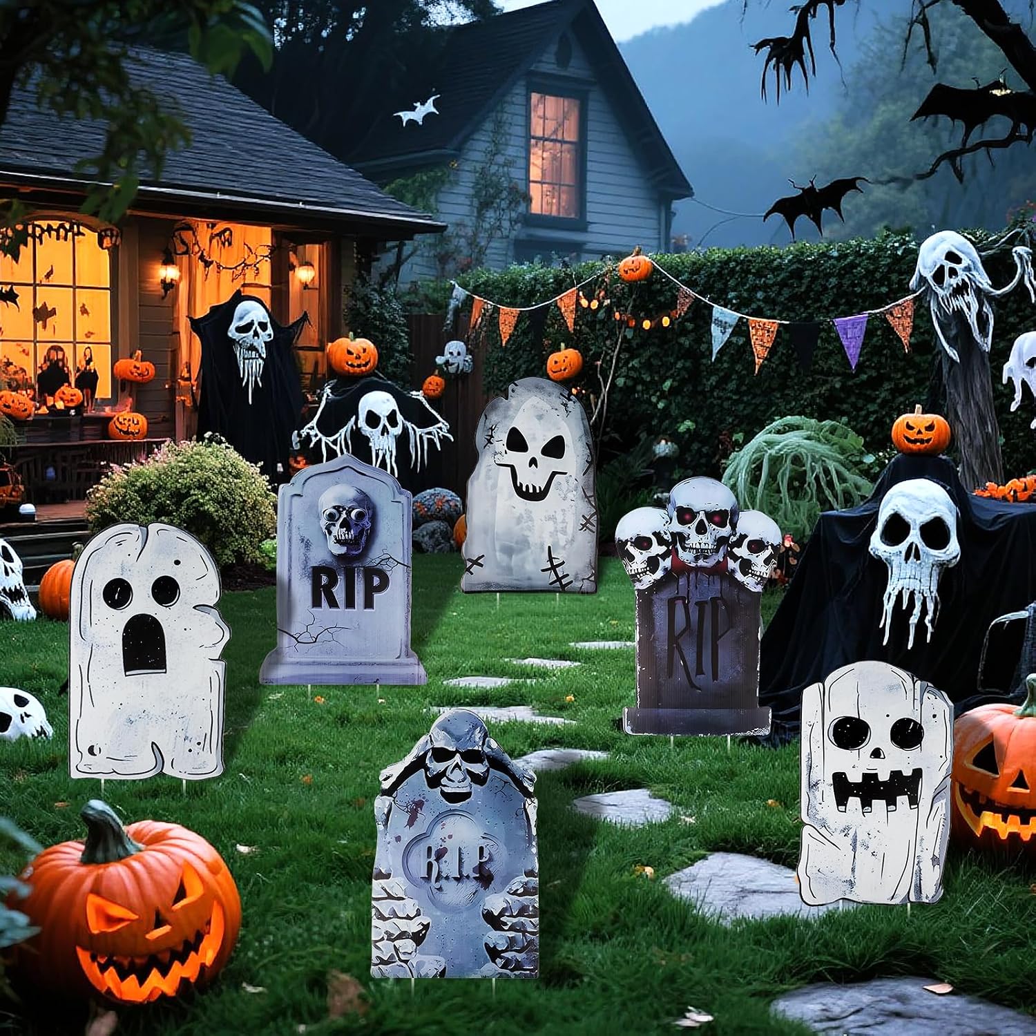 6 PCS Halloween Tombstones Yard Signs Halloween Graveyard Lawn Signs with Stakes Halloween Ghost Yard Signs for Haunted House Outdoor Garden Lawn Decor Spooky Parties