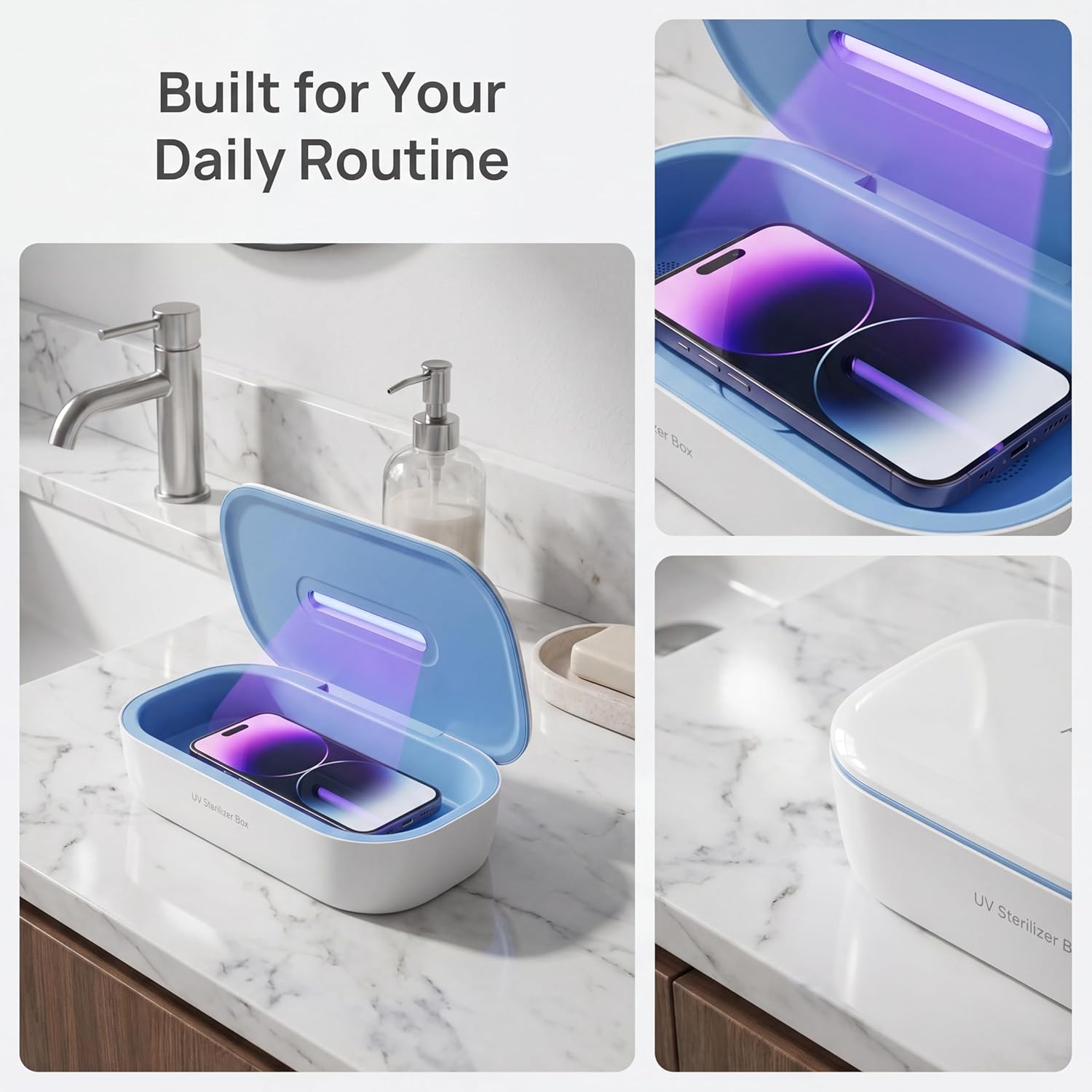 UV Light Clean Box with LCD Display, Portable UV Cleaner Case for Phone Glasses Jewelry Keys Earbuds Toothbrush, Large Capacity Organizer, White