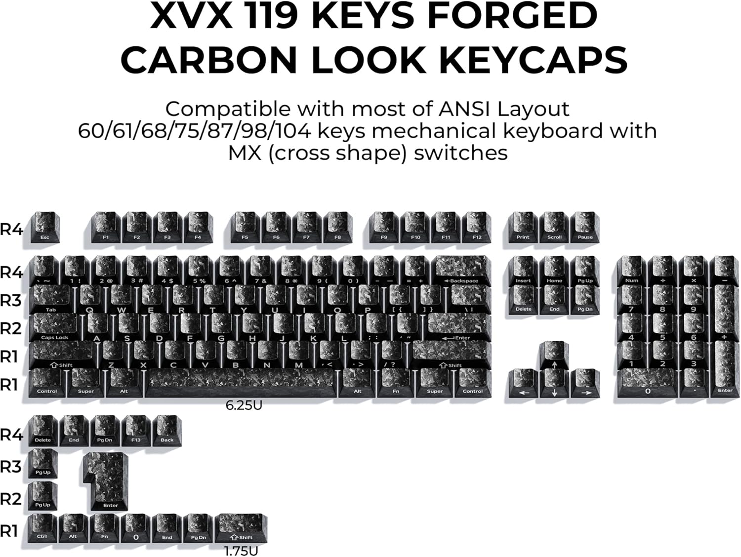 XVX Black Keycaps, Forged Carbon-Look Cherry Profile Keycap Set, 119-Key Keyboard Keycaps Compatibility with ANSI Layout MX Switches Mechanical Keyboard