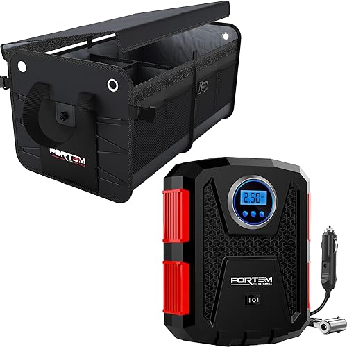 FORTEM Organizador de maletero de coche (2 compartimentos, negro) + inflador de neumáticos portátil
