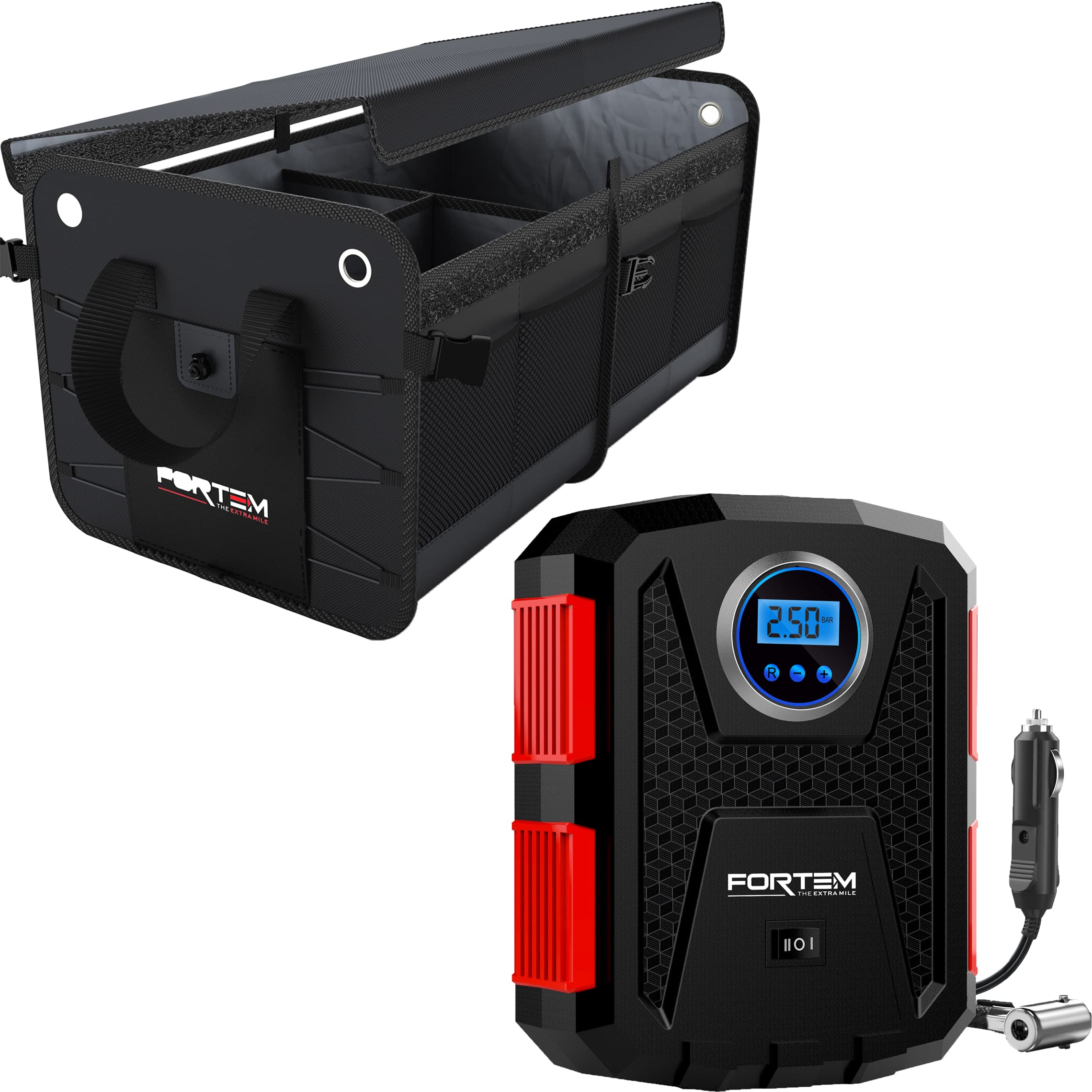 FORTEMCar Trunk Organizer (2 Compartment, Black) + Portable Tire Inflator