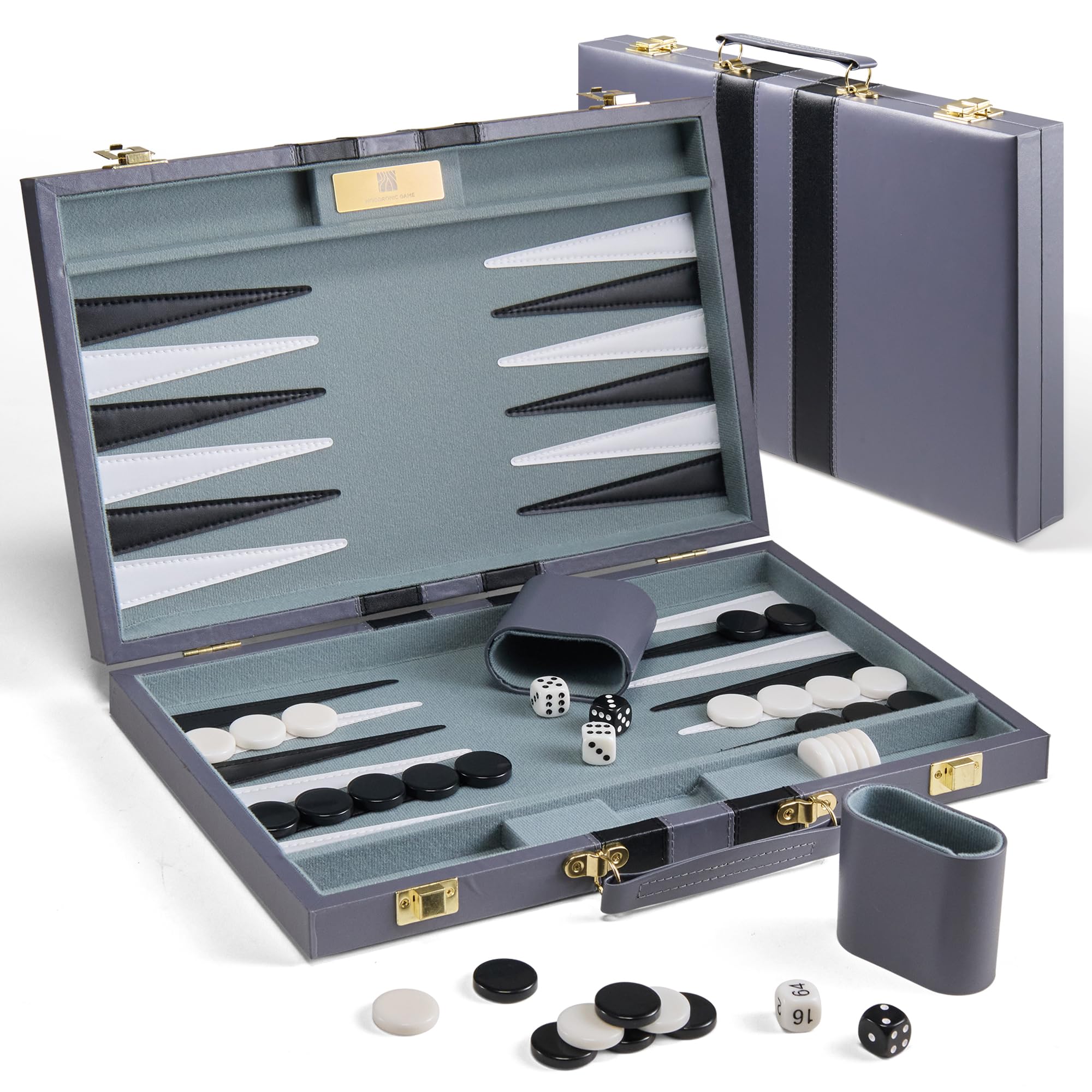 Travel Backgammon Set for Adults - 18 Inch Large Backgammon Board Game - Classic Strategy Game for 2 Players, Premium Grey Leather Game Board with 32