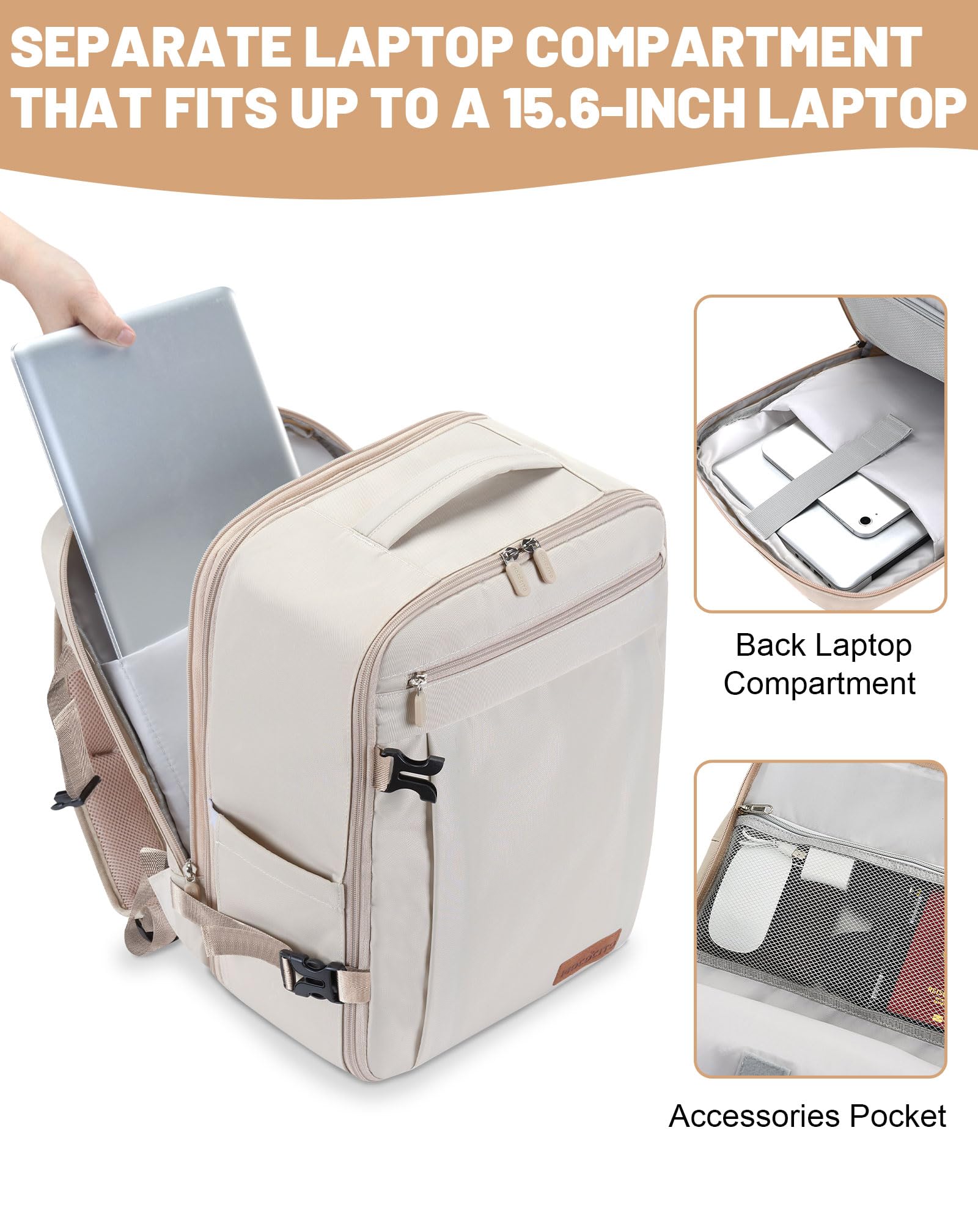 Mochila Viaje Cabina Avion 40x30x20, Maletas de Viaje Cabina para Vueling Impermeable Mochila Equipaje de Mano, 30L Mochila Hombre Mujer Travel Backpack Mochila Portatil(Beige Crema)
