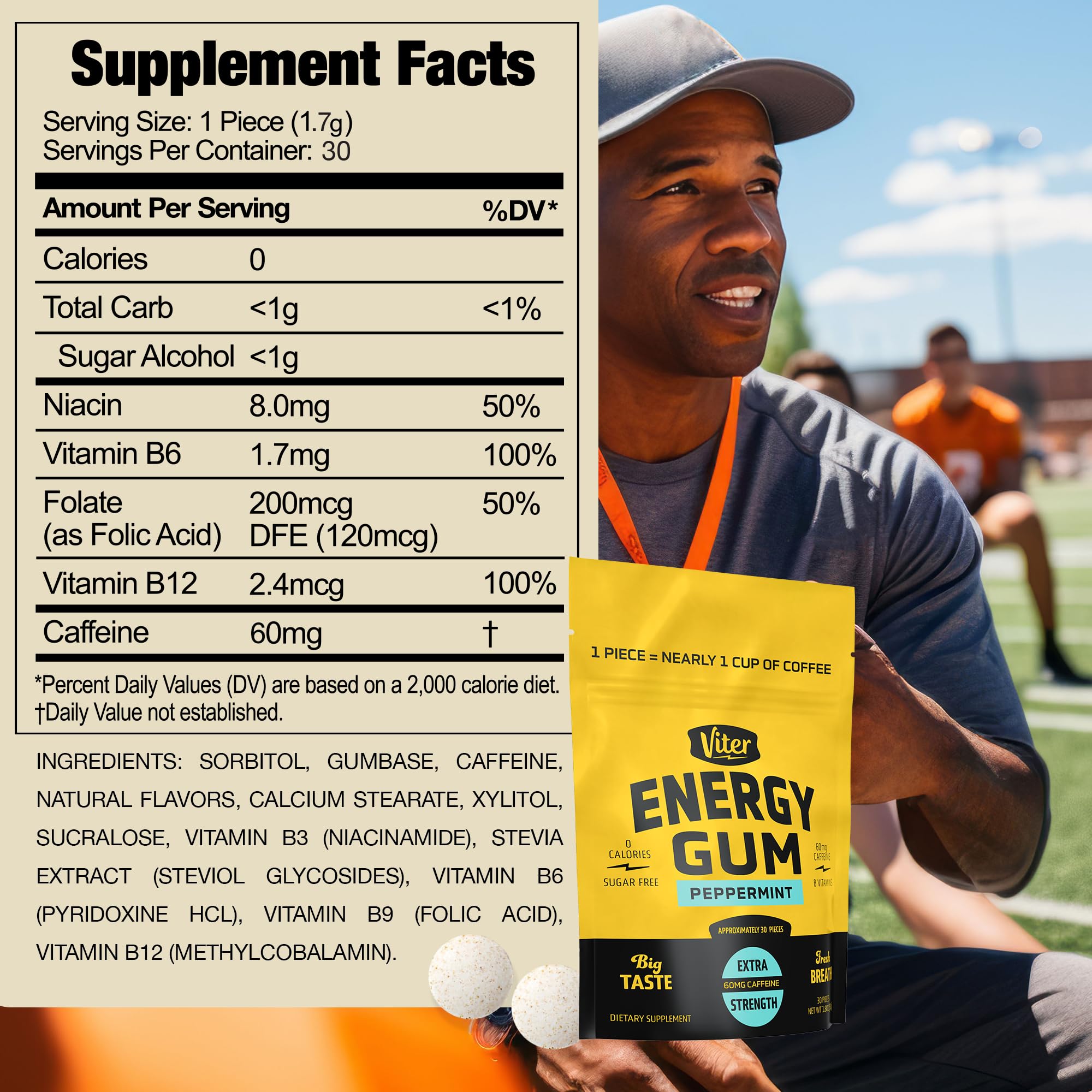Viter Energy Caffeine Gum 60mg, Sugar Free, Peppermint, 30 Pieces — Amazon image 3