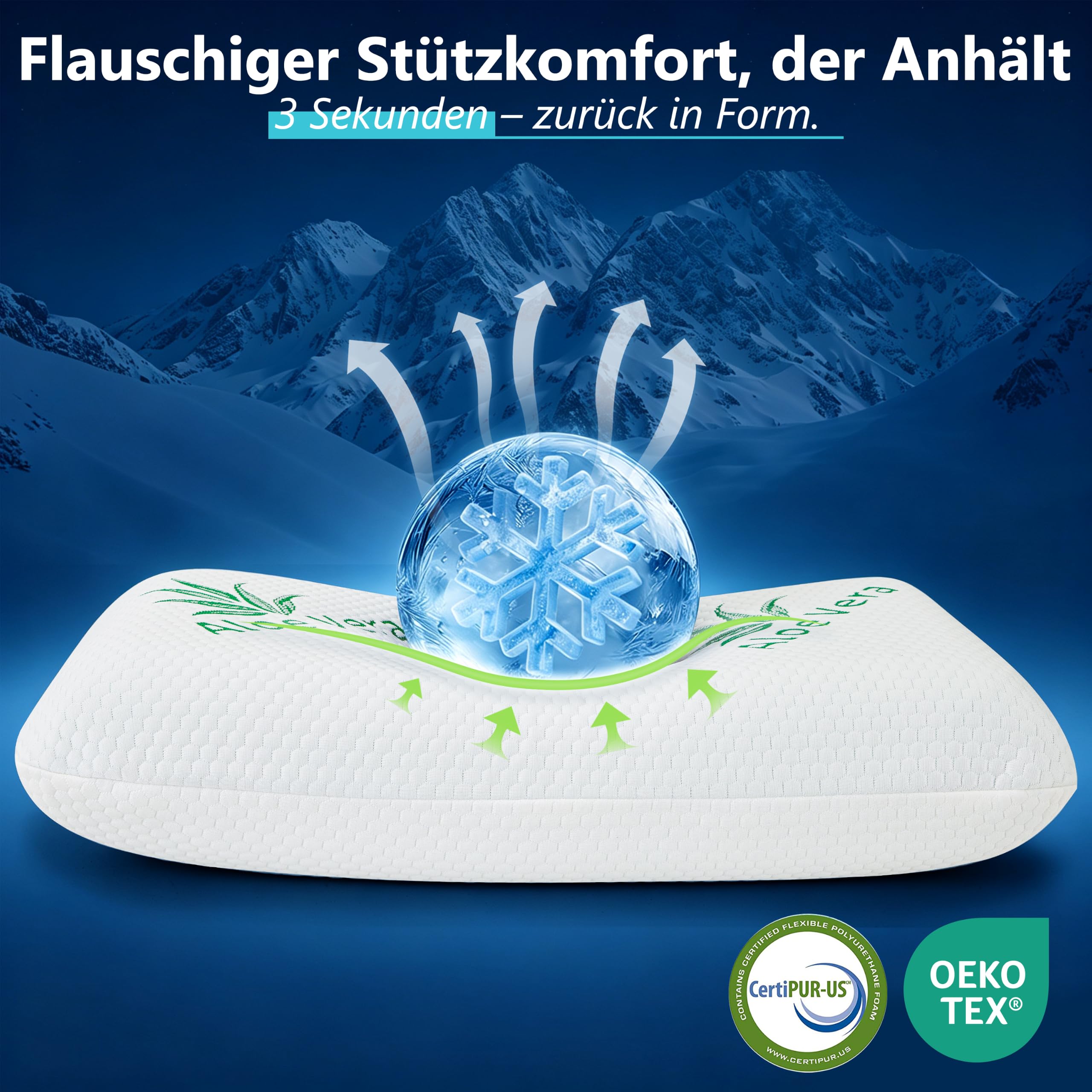 Aloe Vera Kopfkissen 40x80 Kühlendes Kopfkissen Memory Foam Kissen (Grün, 40x80, 12, 12, Zentimeter)