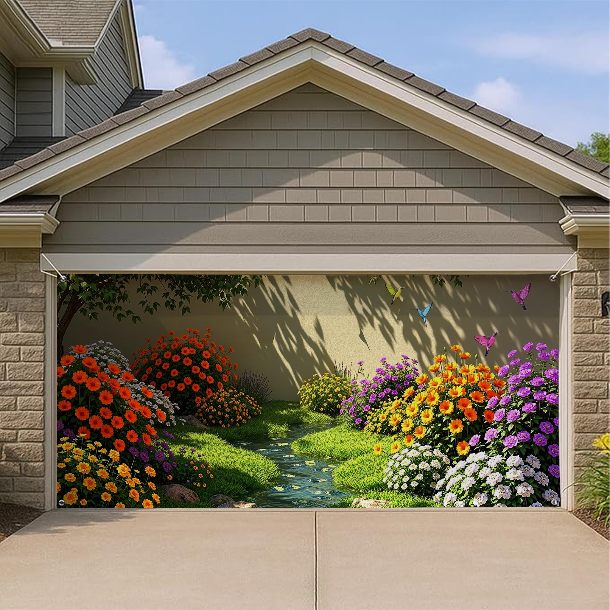 Housse porte de garage fleurie avec décor allée de jardin coloré 397 x 180 cm