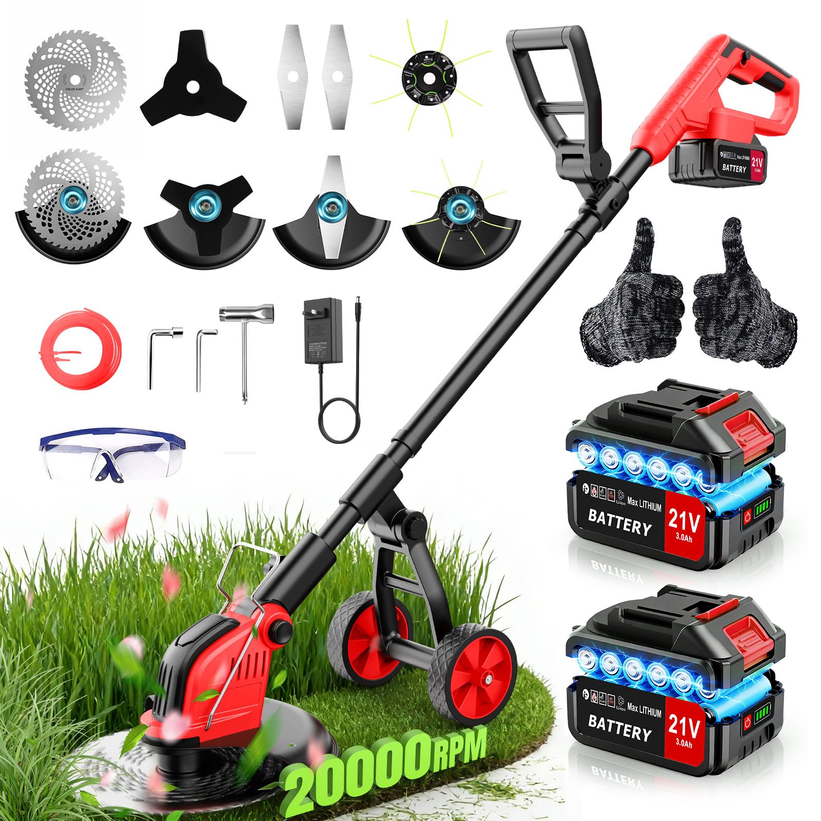 30cm Desbrozadora EléCtrica InaláMbrica, Cortabordes EléCtrico con 2 X 3.0ah BateríAs Y 4 Tipos Mango Ajustable Ruedas Desmontables, Cabezal 90°, CortacéSped Recortadora para JardíN Y Maleza