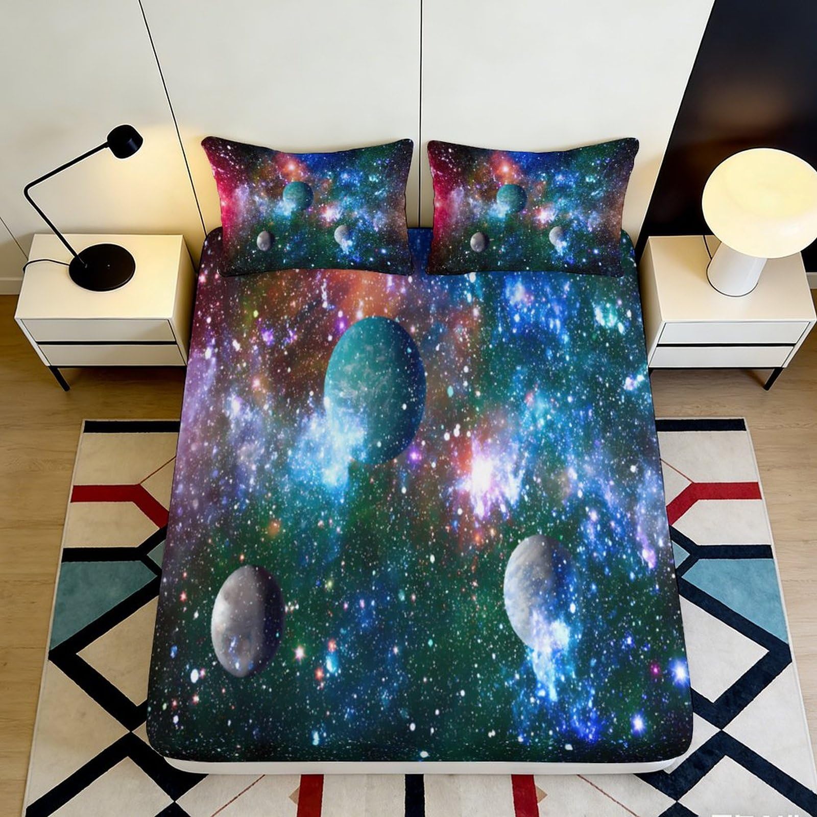 3D Printed Galaxy Starry Sky Fitted Sheet Microfiber Soft Cosmic Nebula Mattress Cover for Bedroom Dorm Decor 90x200x25cm