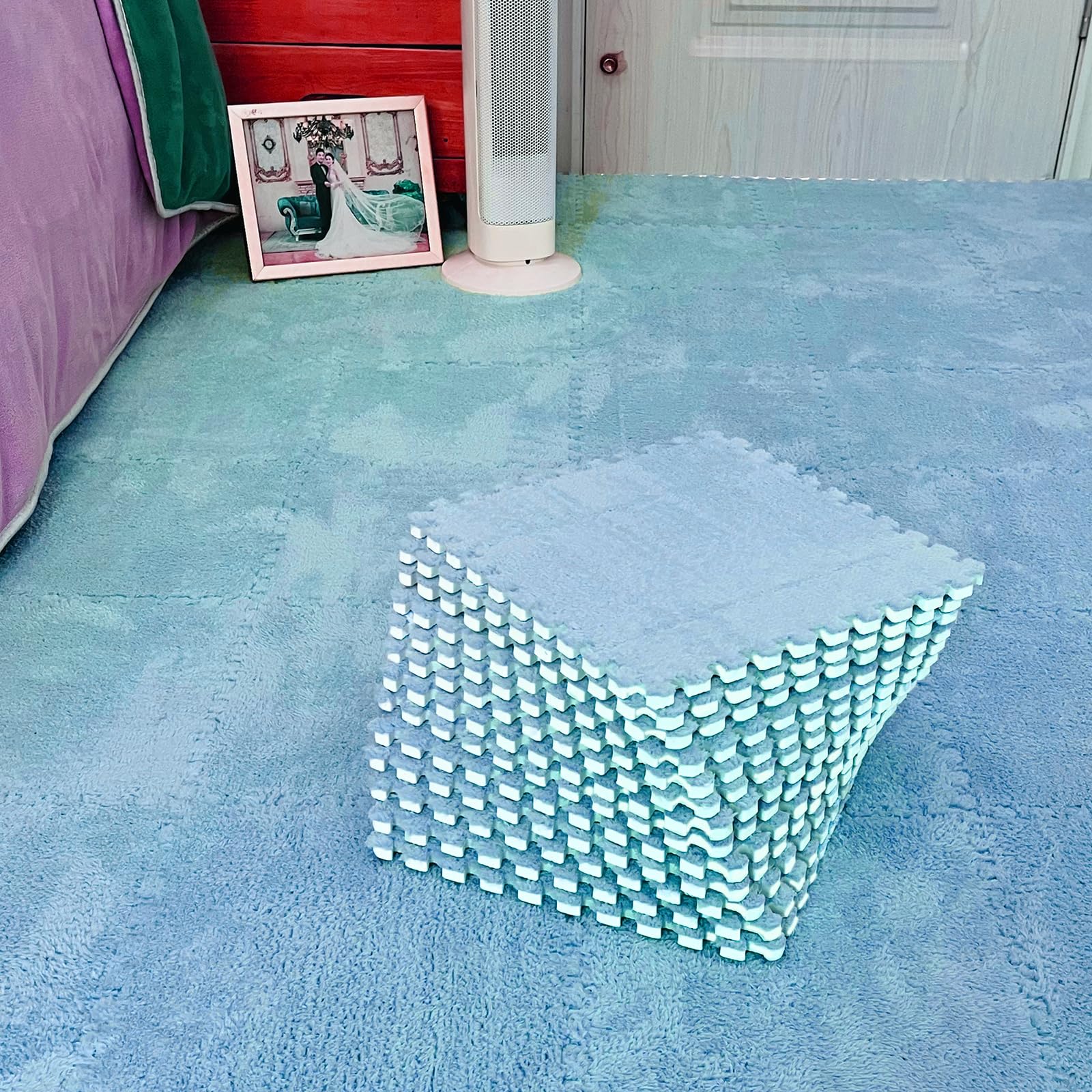 Naroume 12 Pcs Blue Interlocking Foam Mat Floor Tiles - Ultimate Comfort EVA Foam Padding,Fluffy Protective Floor Tiles for Exercising, Yoga, Home,Camping, Playroom (30 x 30cm)