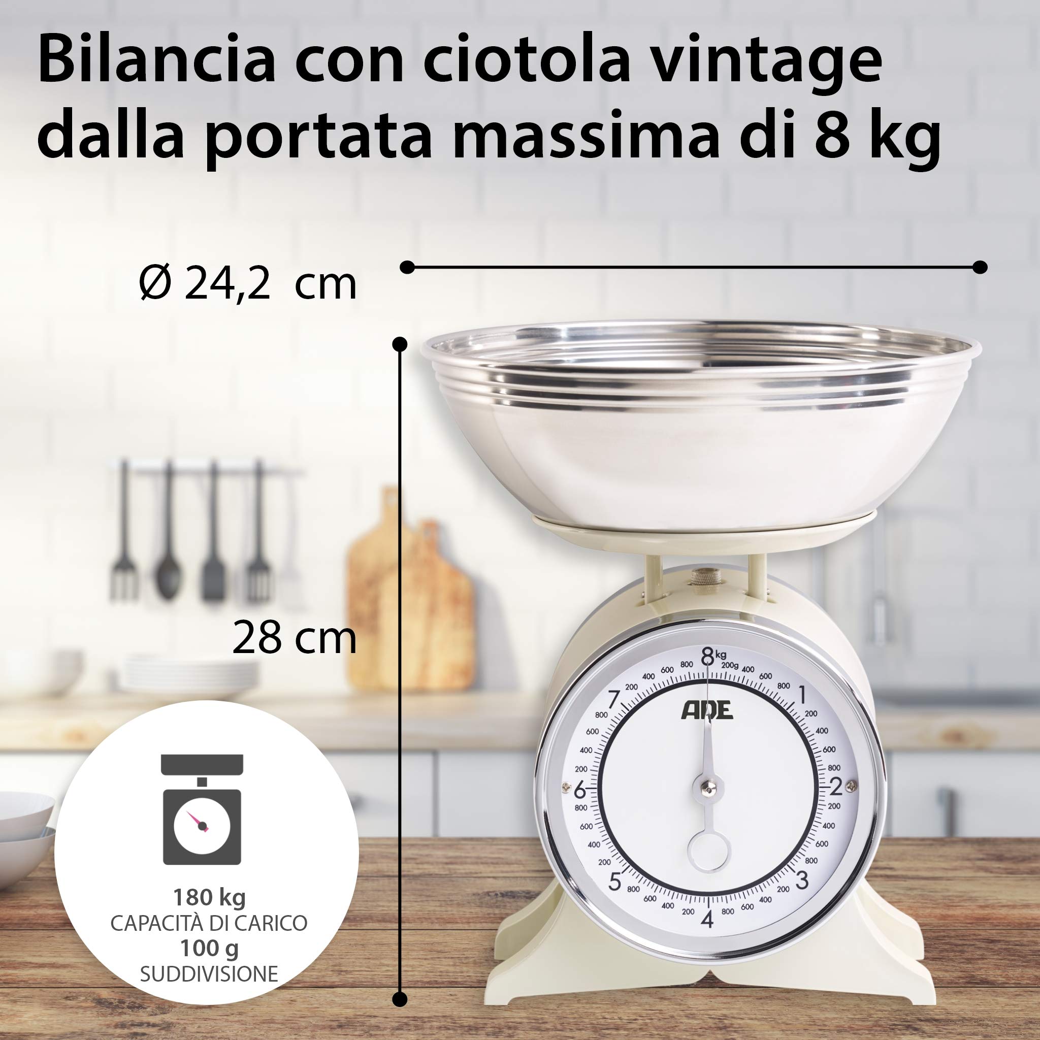 ADE Bilancia da cucina meccanica retrò 8 kg analogica con ciotola in acciaio inox bianco crema