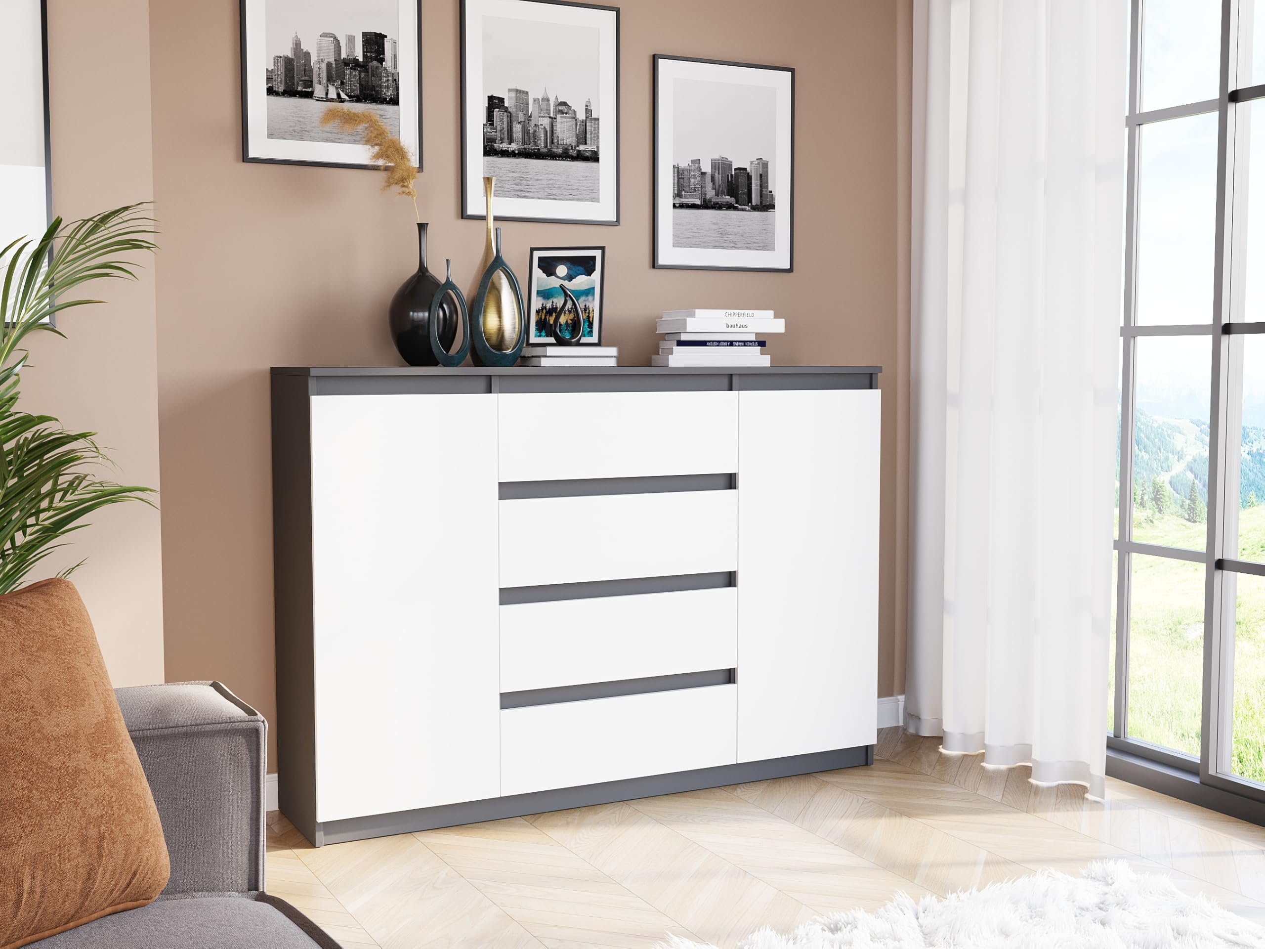 Highboard Weiß/Anthrazit 140x40x98 cm – Kommode mit 4 Schubladen & Schränken, Sideboard für Wohnzimmer, Esszimmer & Schlafzimmer, Modern R-140-S4