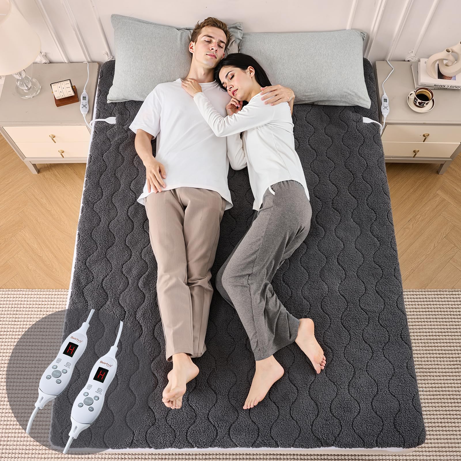 Bearhug Electric Heated Mattress Pad Double 135 * 190cm Dark Grey, 200GSM Sherpa, Dual Zon...