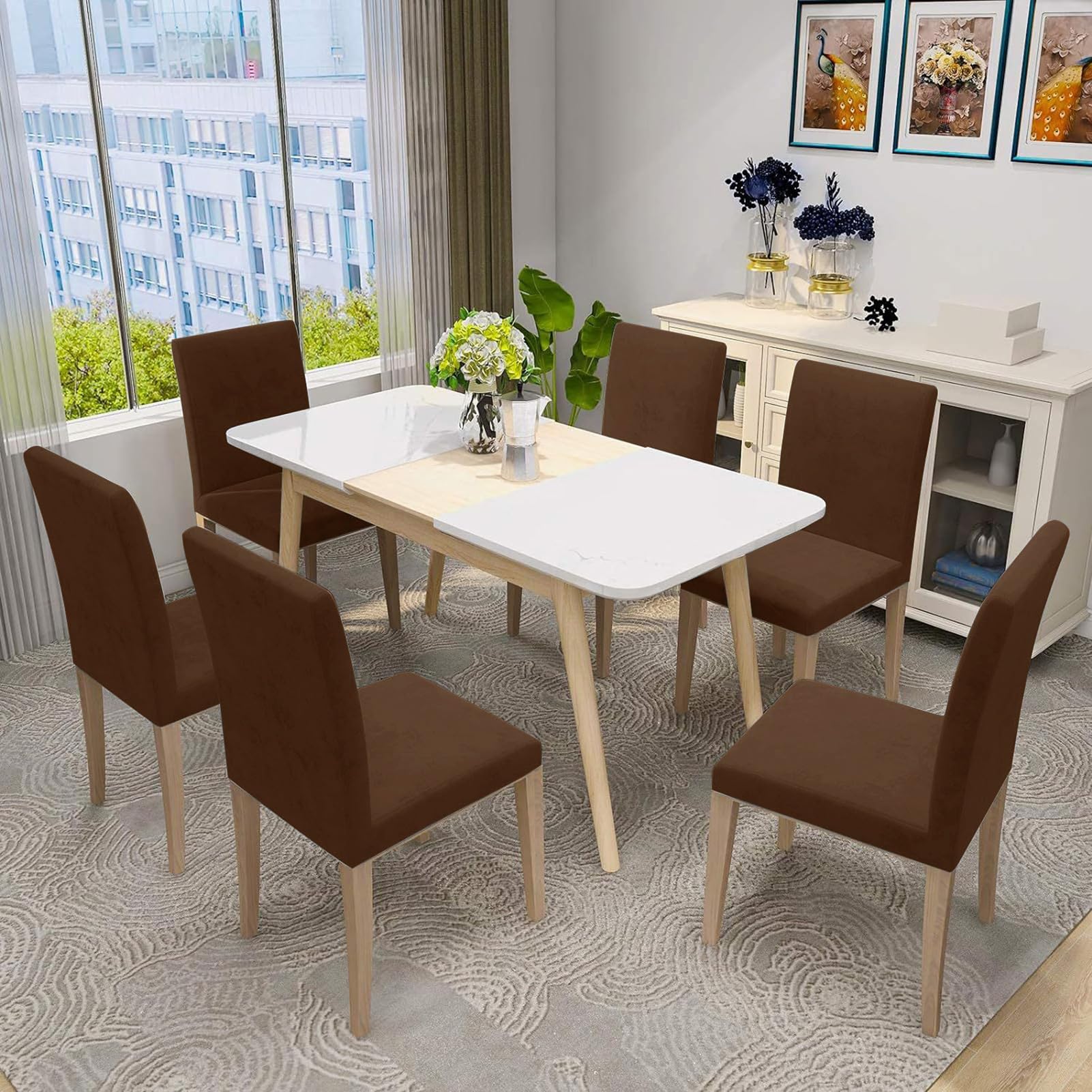 Stretch Samt Stuhlbezug für Esszimmer, Universal Stretch Stuhlbezug, Dehnbare Stuhlhussen für Hochzeit Partys Bankett Esszimmer, Hotel, Restaurant Dekor (Kaffee,6 Stück)