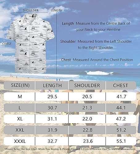 Miniatura 7 de Camisa de manga corta con botones para hombre, camisa casual hawaiana para playa, blanco, (0412-Whiteshark)