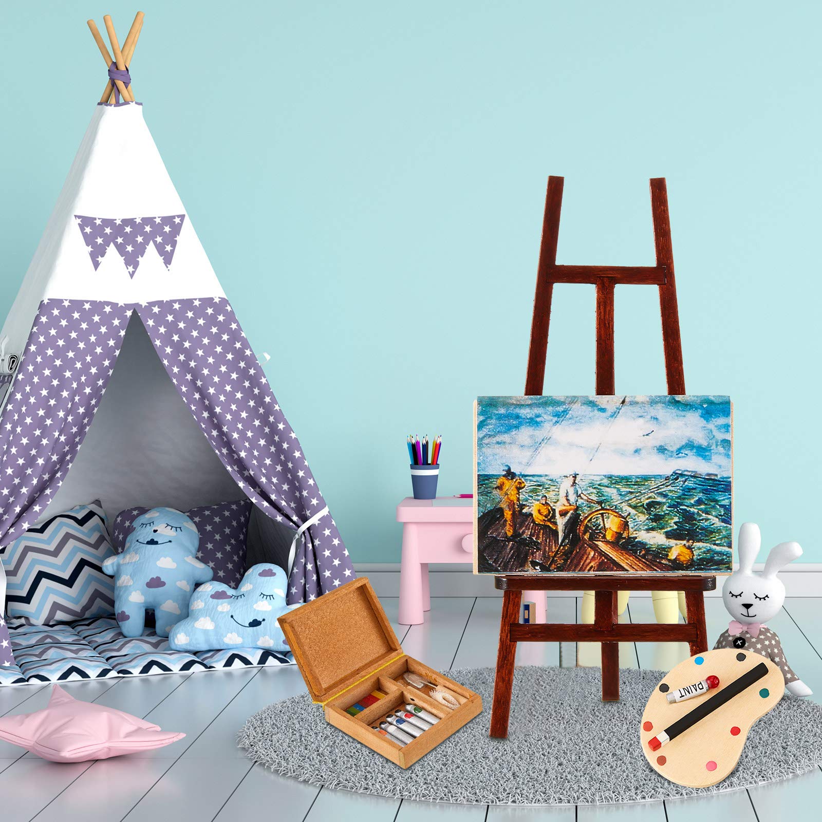 Juego de accesorios de pintura de casa de muñecas de 3 piezas, caballete de madera, paleta en miniatura, caja de acuarela para muñecas 6