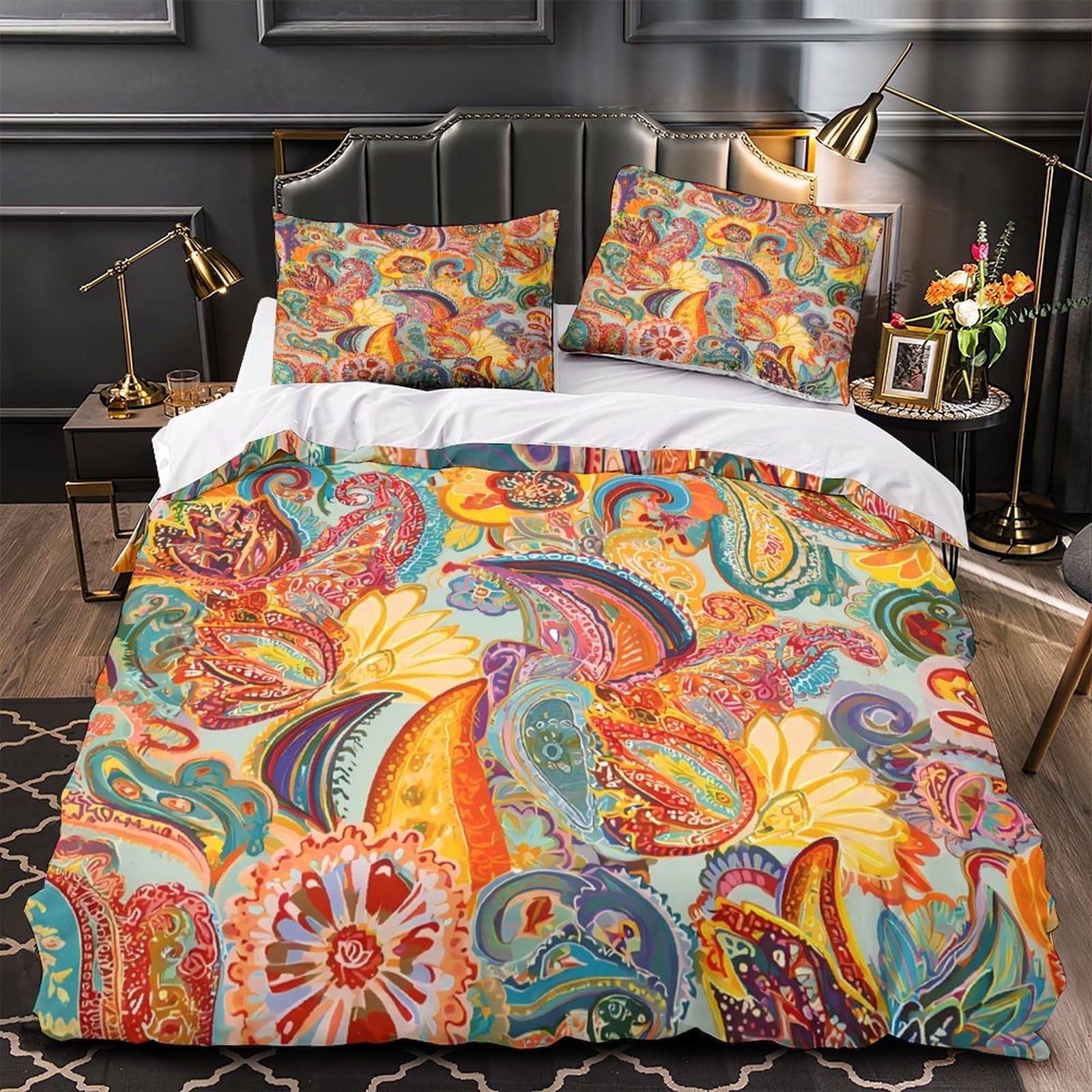 Housse de couette fleurie anti-décoloration linge de lit 3 pièces facile à laver