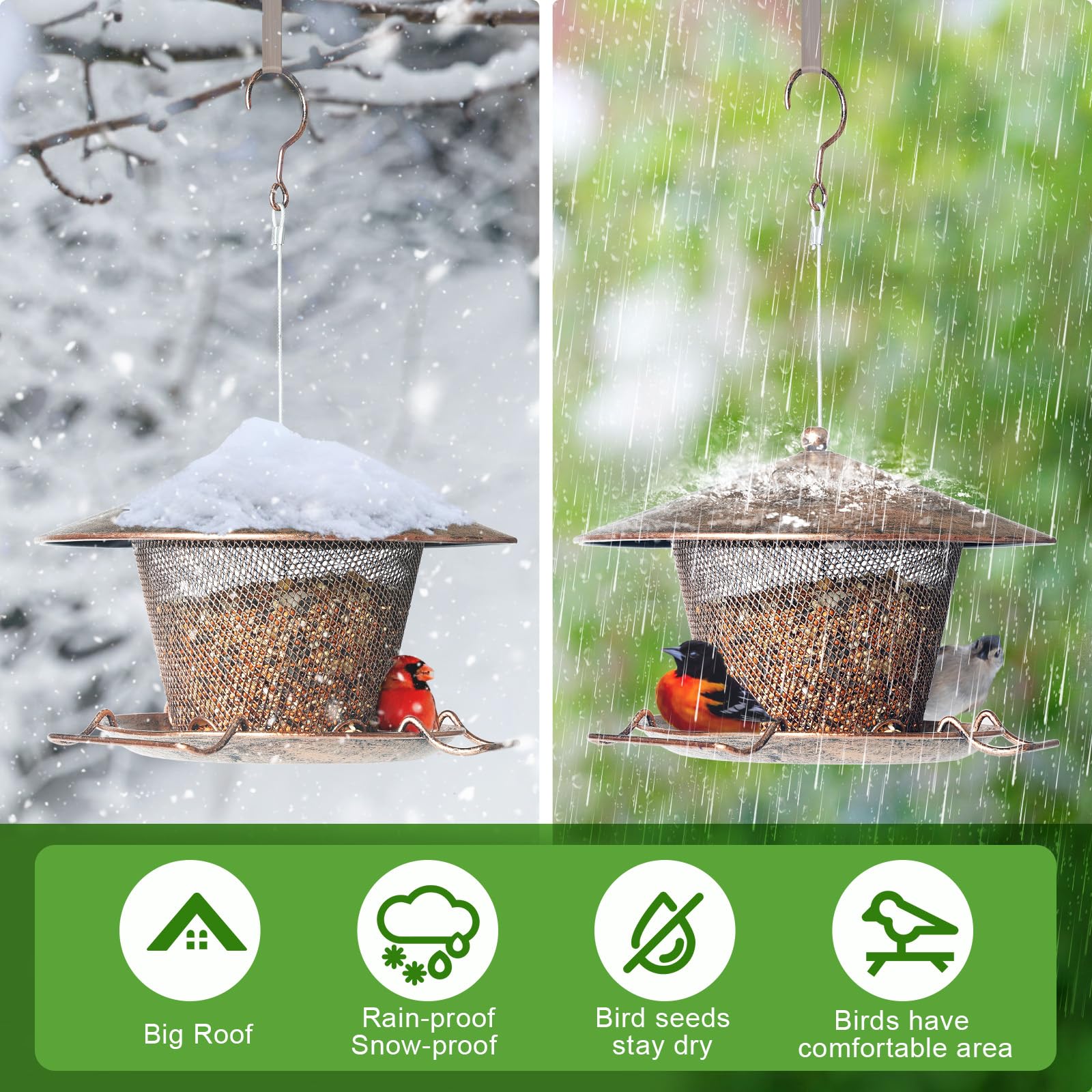 Samhe Bird Feeder for Outdoor, Rainproof Weatherproof Metal Hanging Wild Bird Feeder with 9.8" Roof 3 LBs Seeds Capacity, Easy to Clean & Refill - image 5