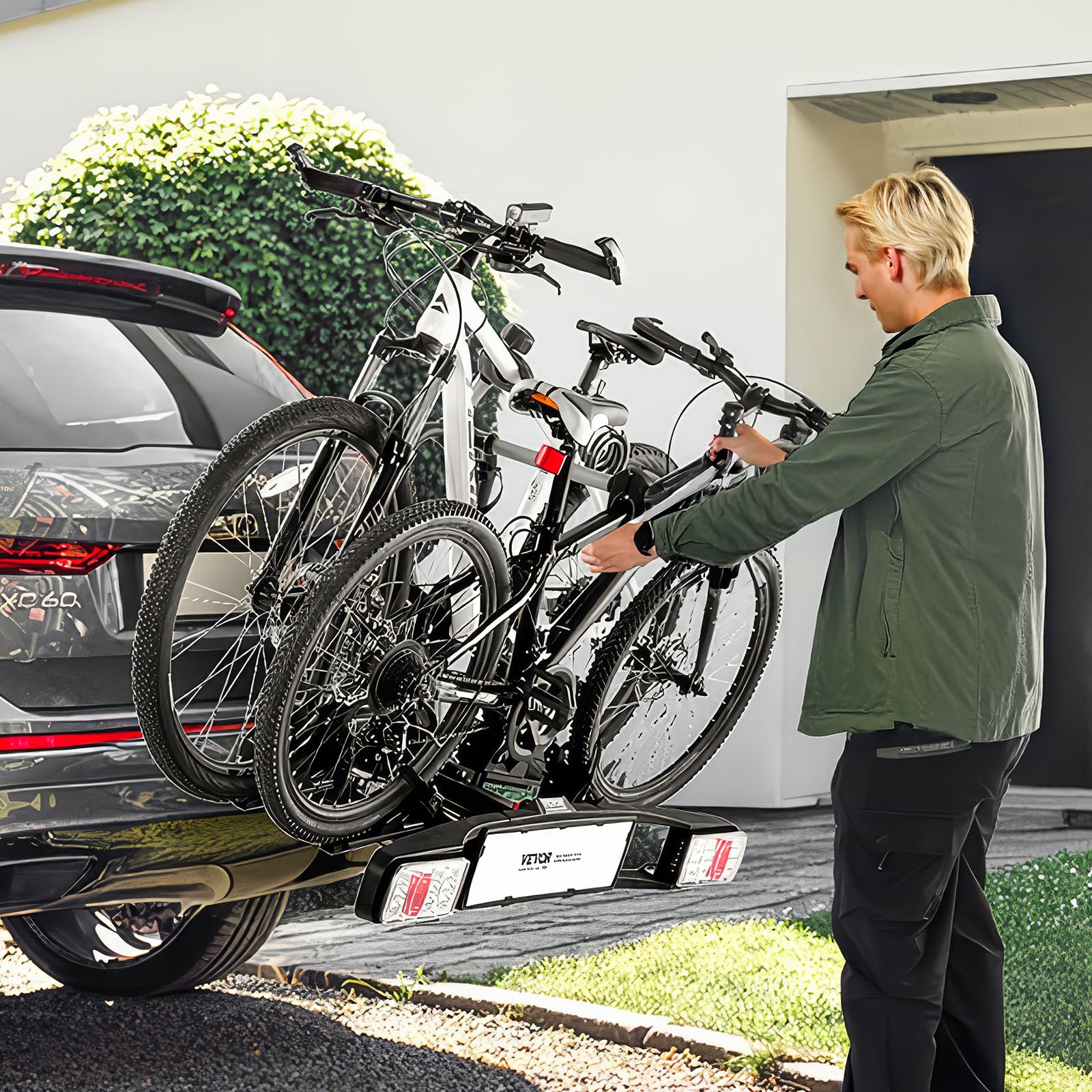 VEVOR Portabicicletas Compatible con Receptores 5 cm, Portabicicletas para 2 Bicicletas con Carga de 65 kg, Plegable y Bloqueable para Bicicletas Eléctricas con Luz Trasera, 69 x 126,5 x 70,7 cm