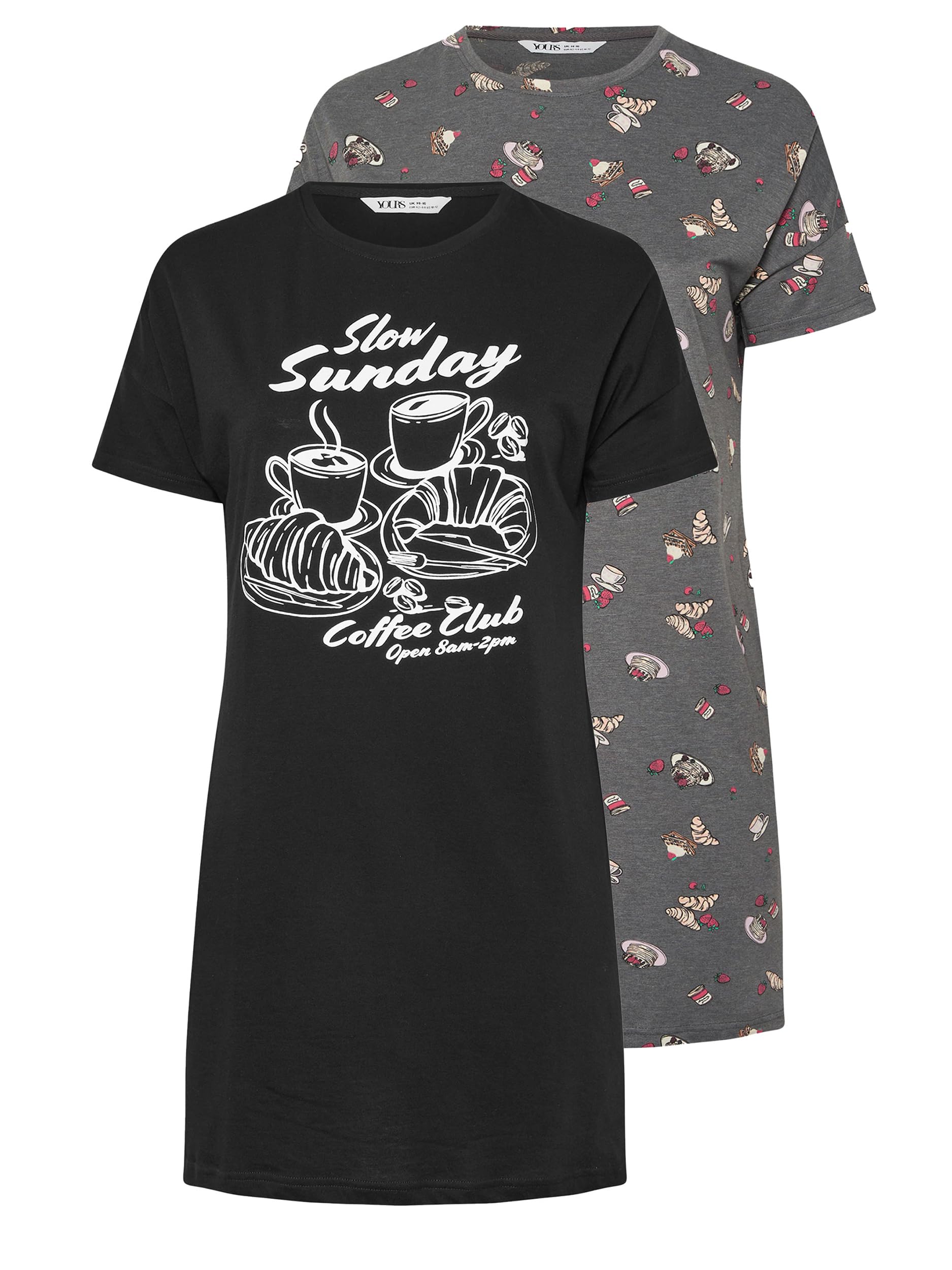 Yours Women's Black 2 Pack 'Coffee Club' Sleep T-Shirt Night In | Size: 26-28